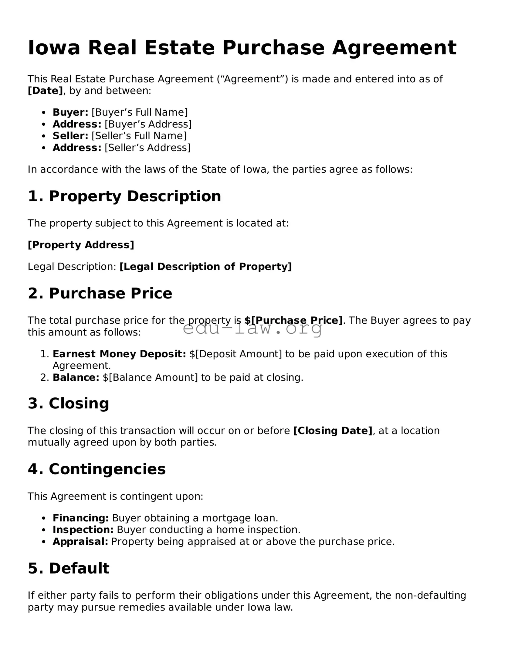 Legal  Real Estate Purchase Agreement Template for Iowa