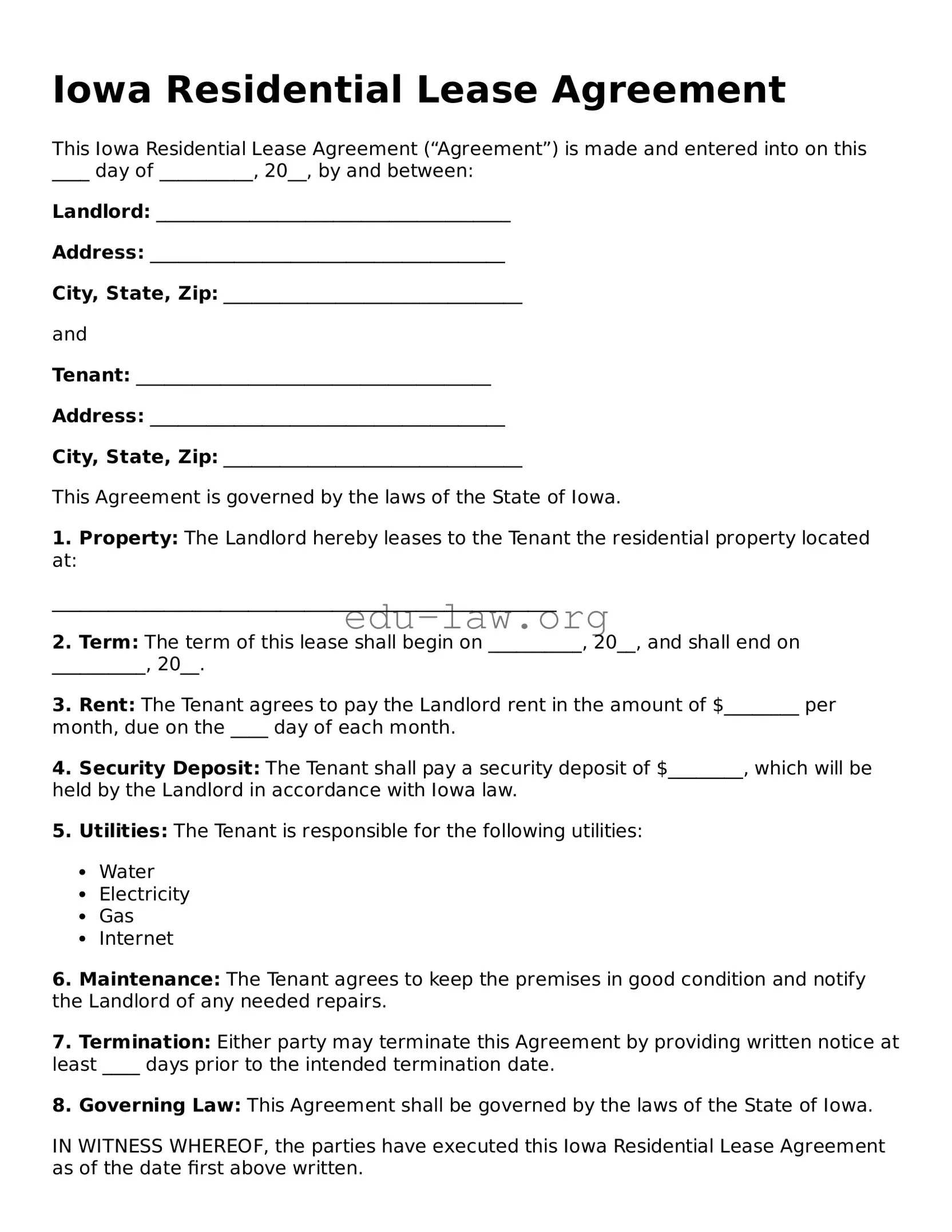 Legal  Residential Lease Agreement Template for Iowa