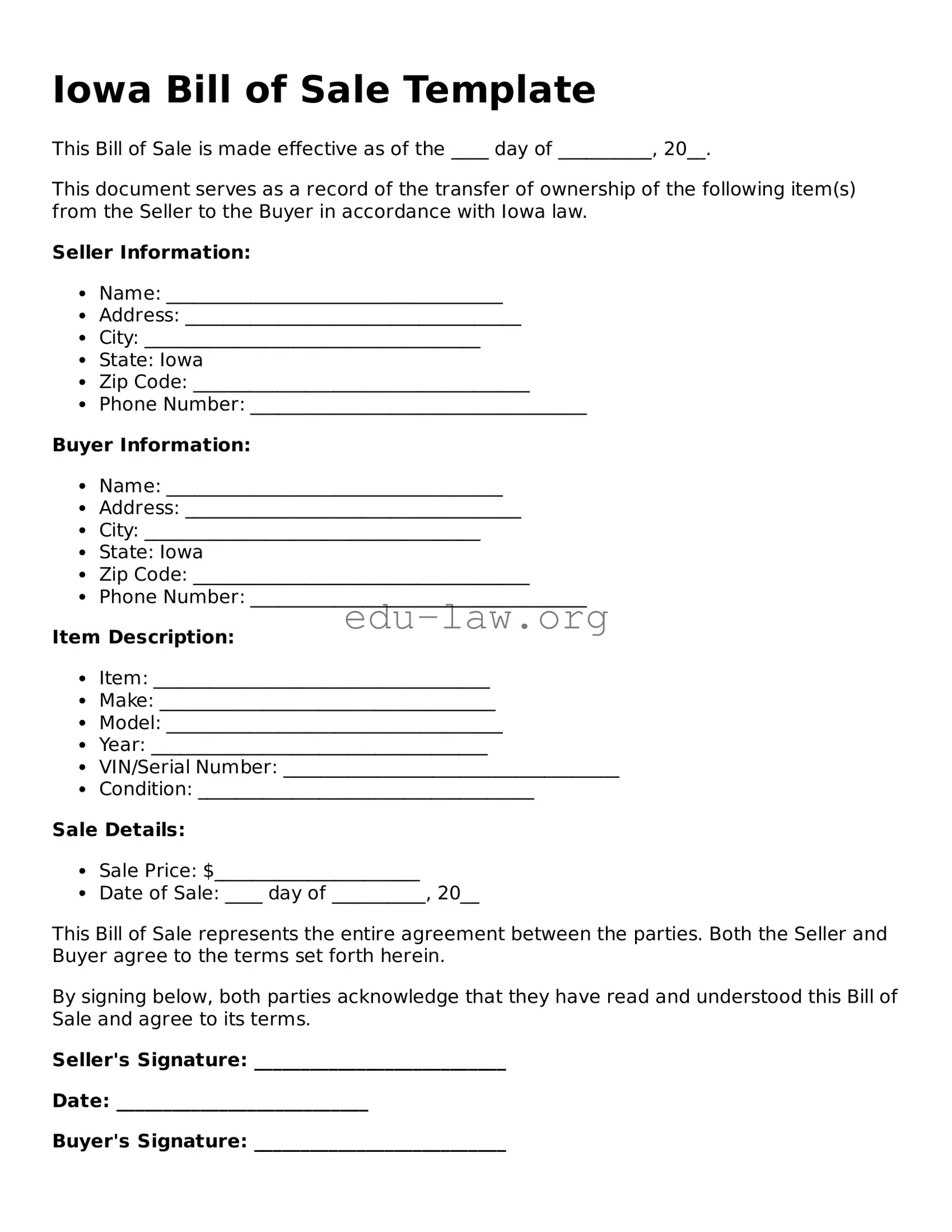 Legal  Bill of Sale Template for Iowa