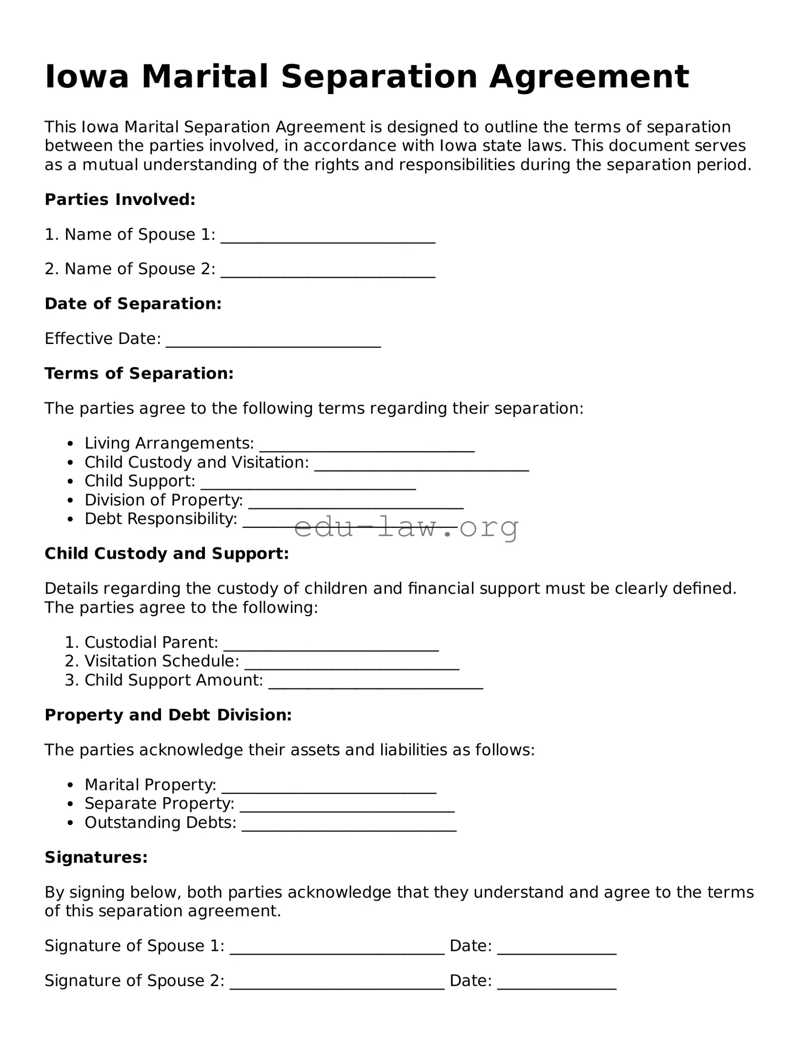 Legal  Marital Separation Agreement Template for Iowa
