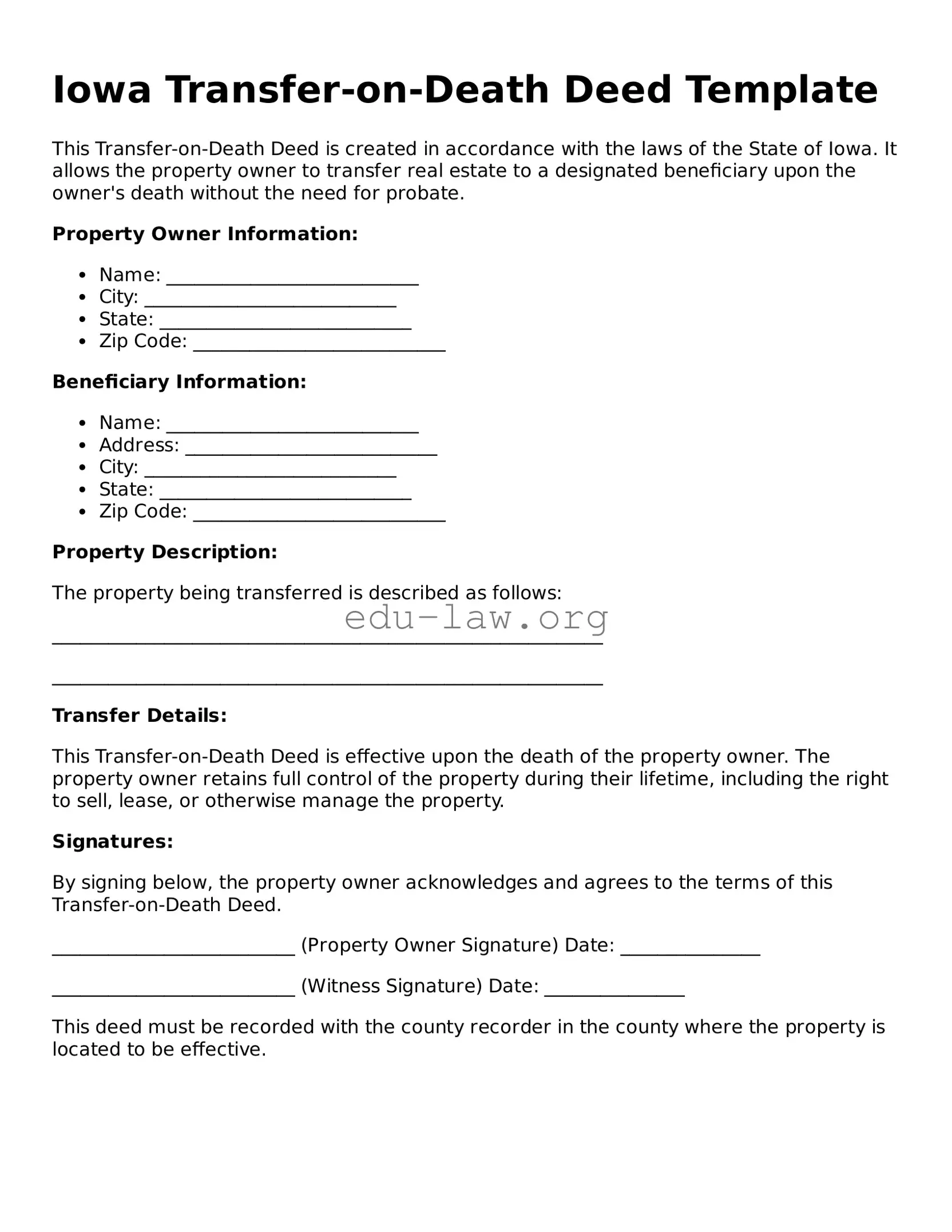 Legal  Transfer-on-Death Deed Template for Iowa