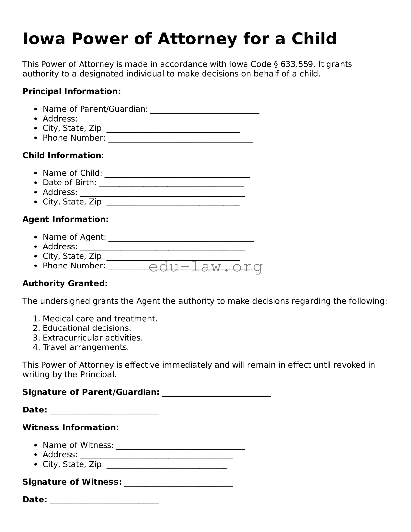 Legal  Power of Attorney for a Child Template for Iowa