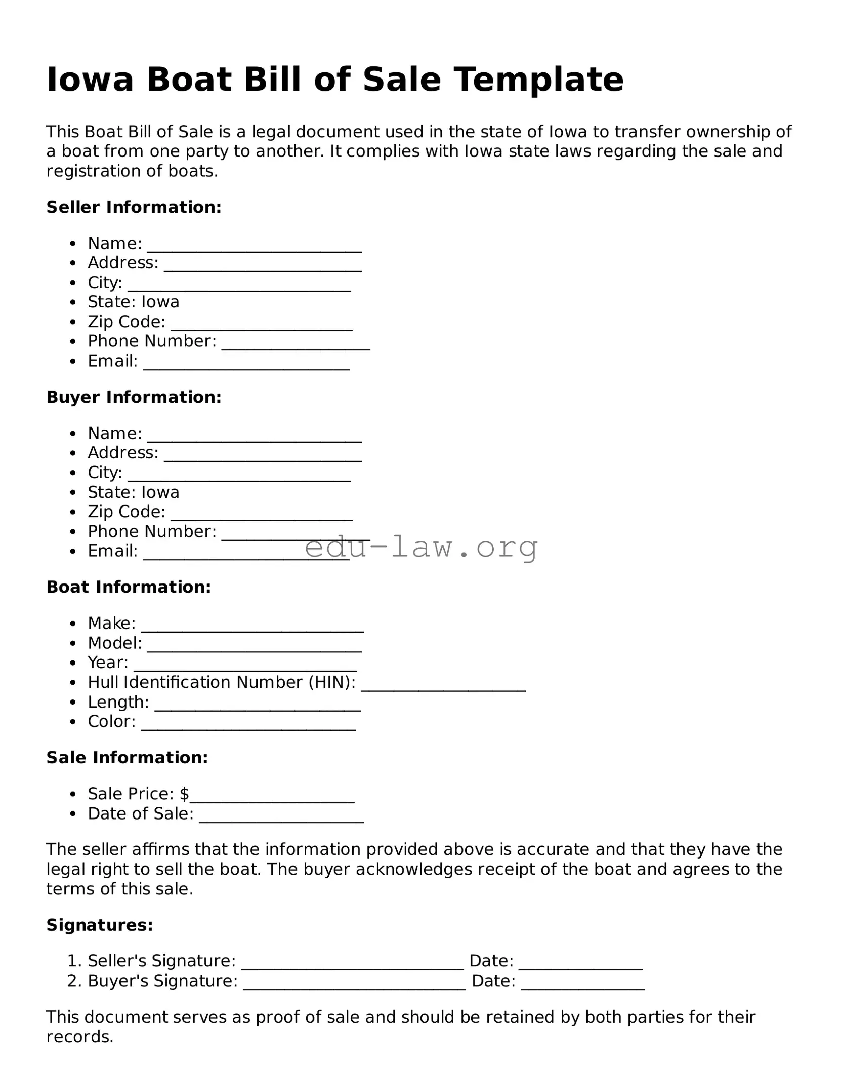 Legal  Boat Bill of Sale Template for Iowa