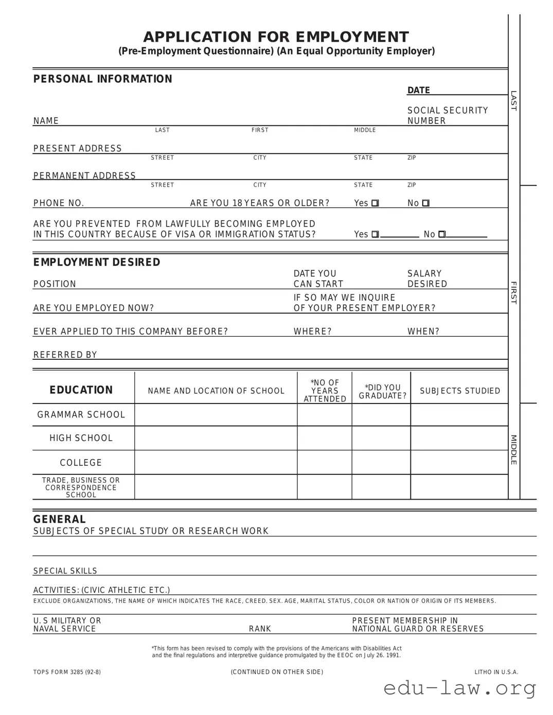 Fill in Your Employment Application Pdf Template