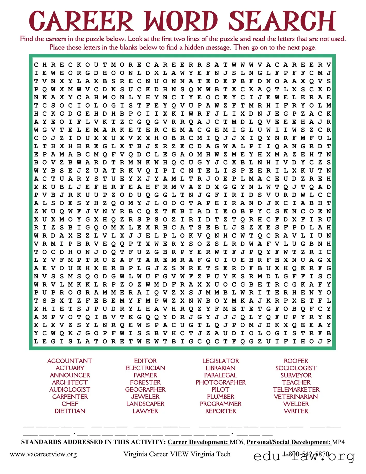 Fill in Your Career Word Search Template