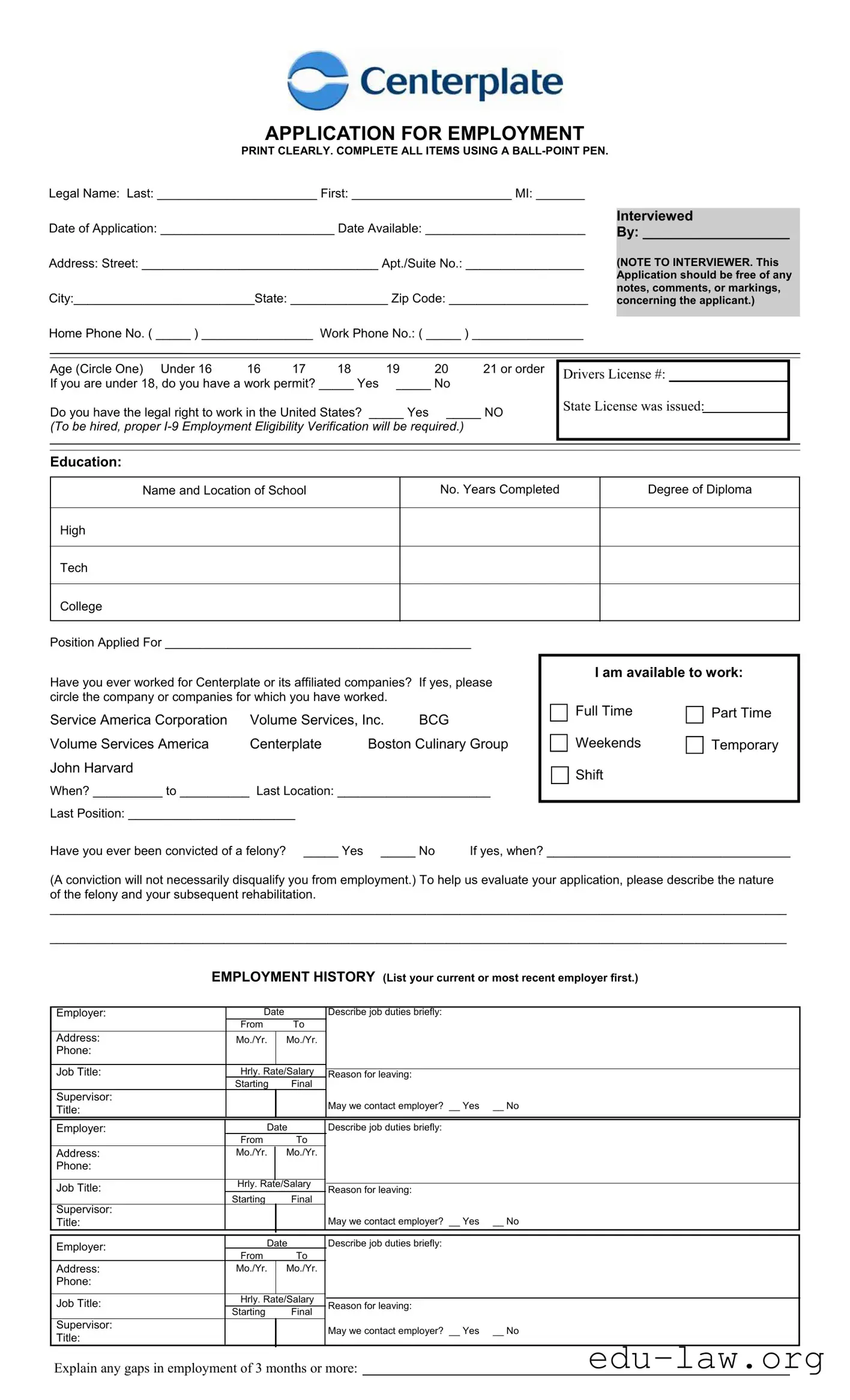 Fill in Your Centerplate Application Template