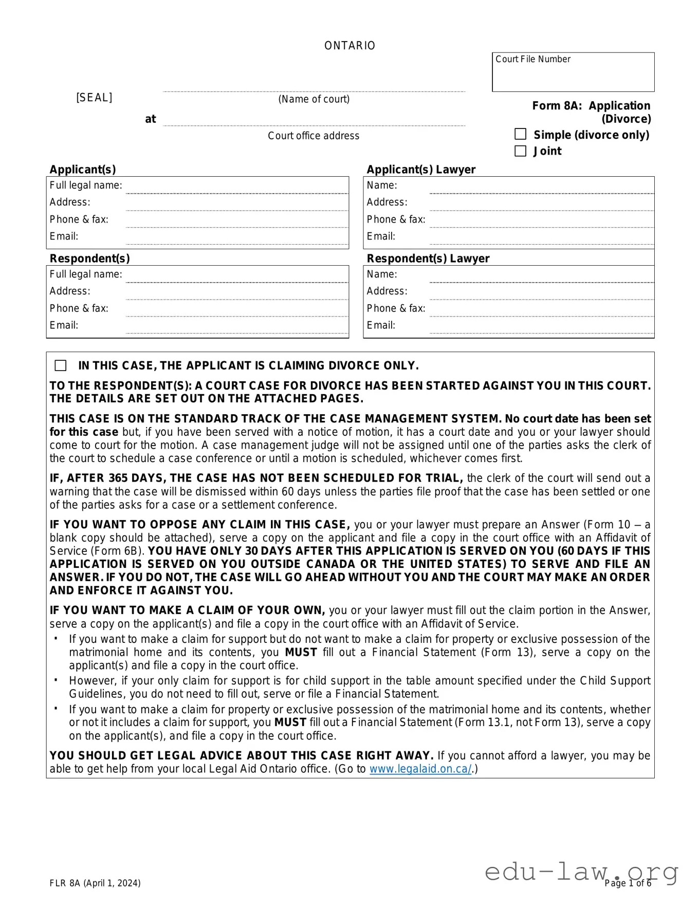 Fill in Your Ontario Divorce 8A Template