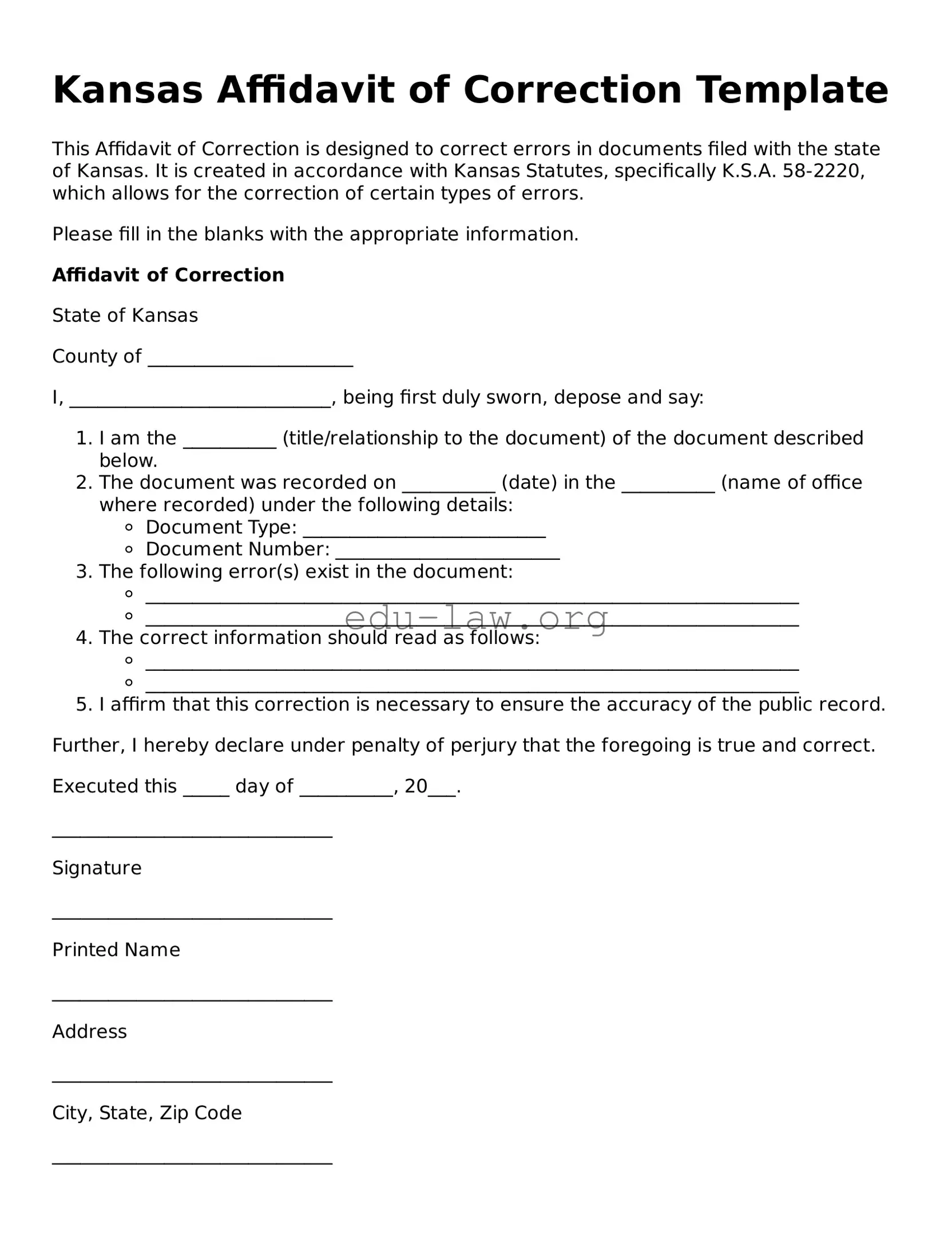 Legal  Affidavit of Correction Template for Kansas