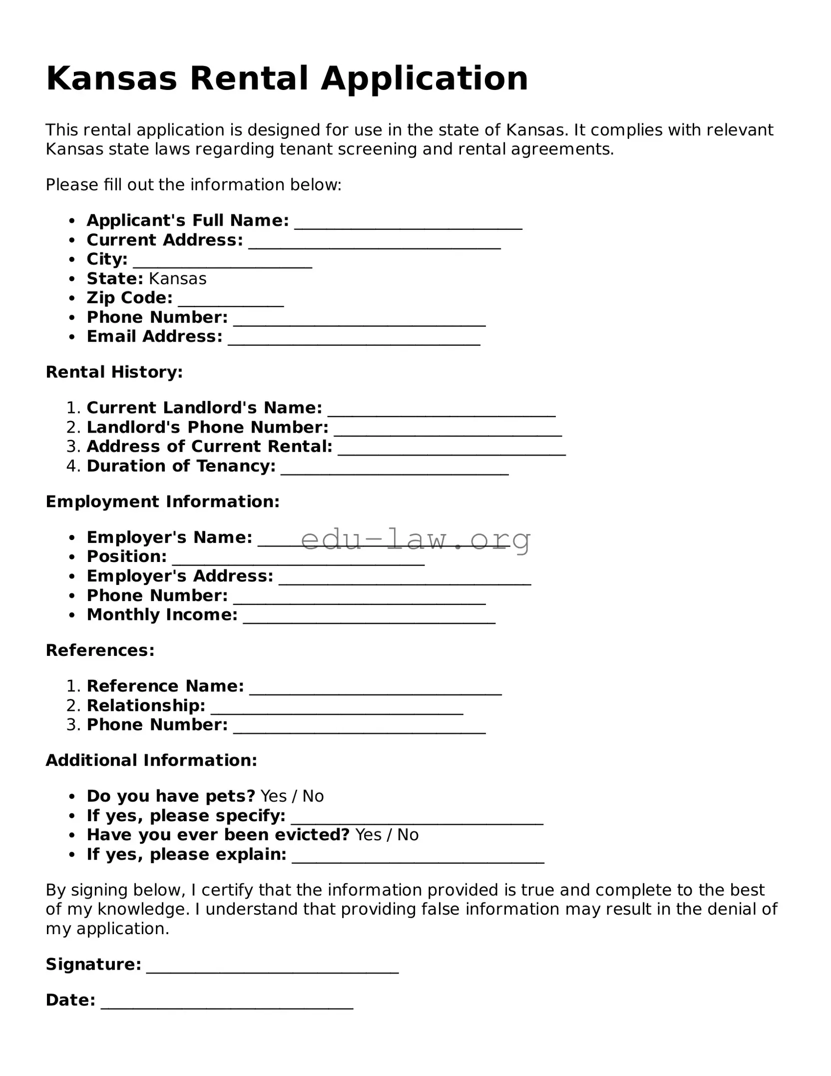 Legal  Rental Application Template for Kansas