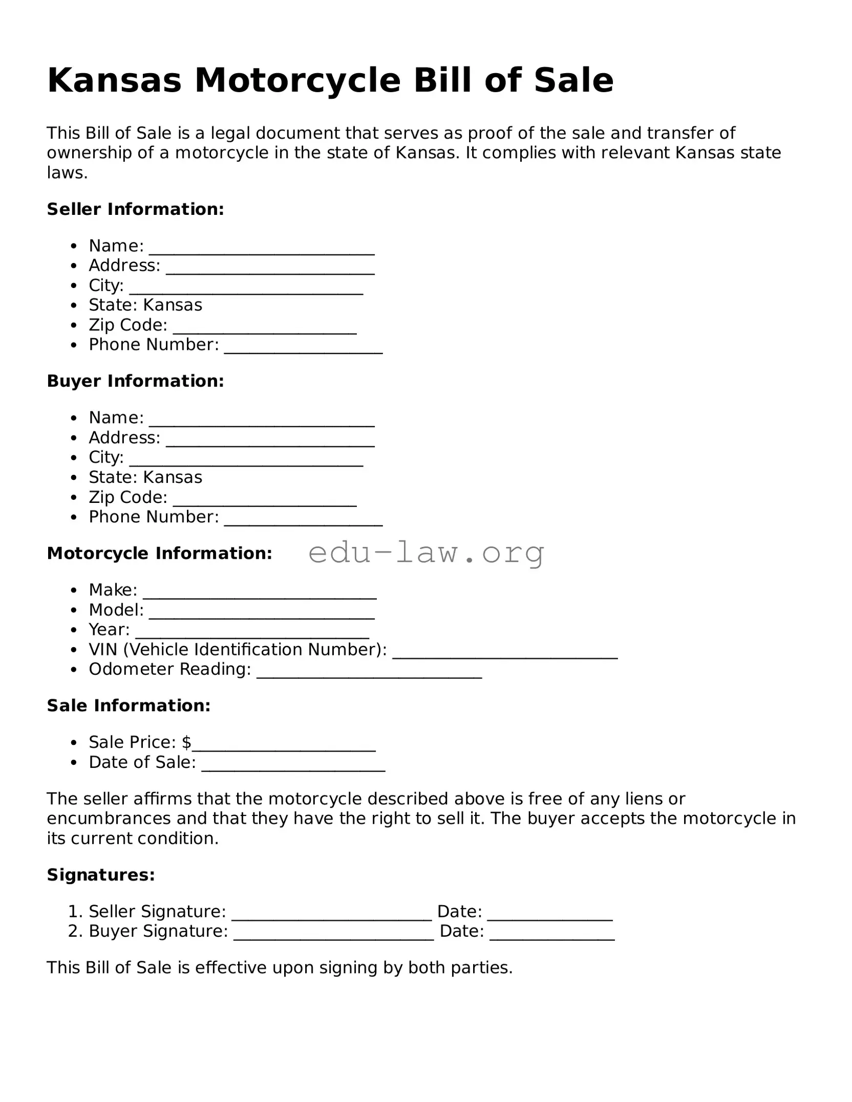 Legal  Motorcycle Bill of Sale Template for Kansas