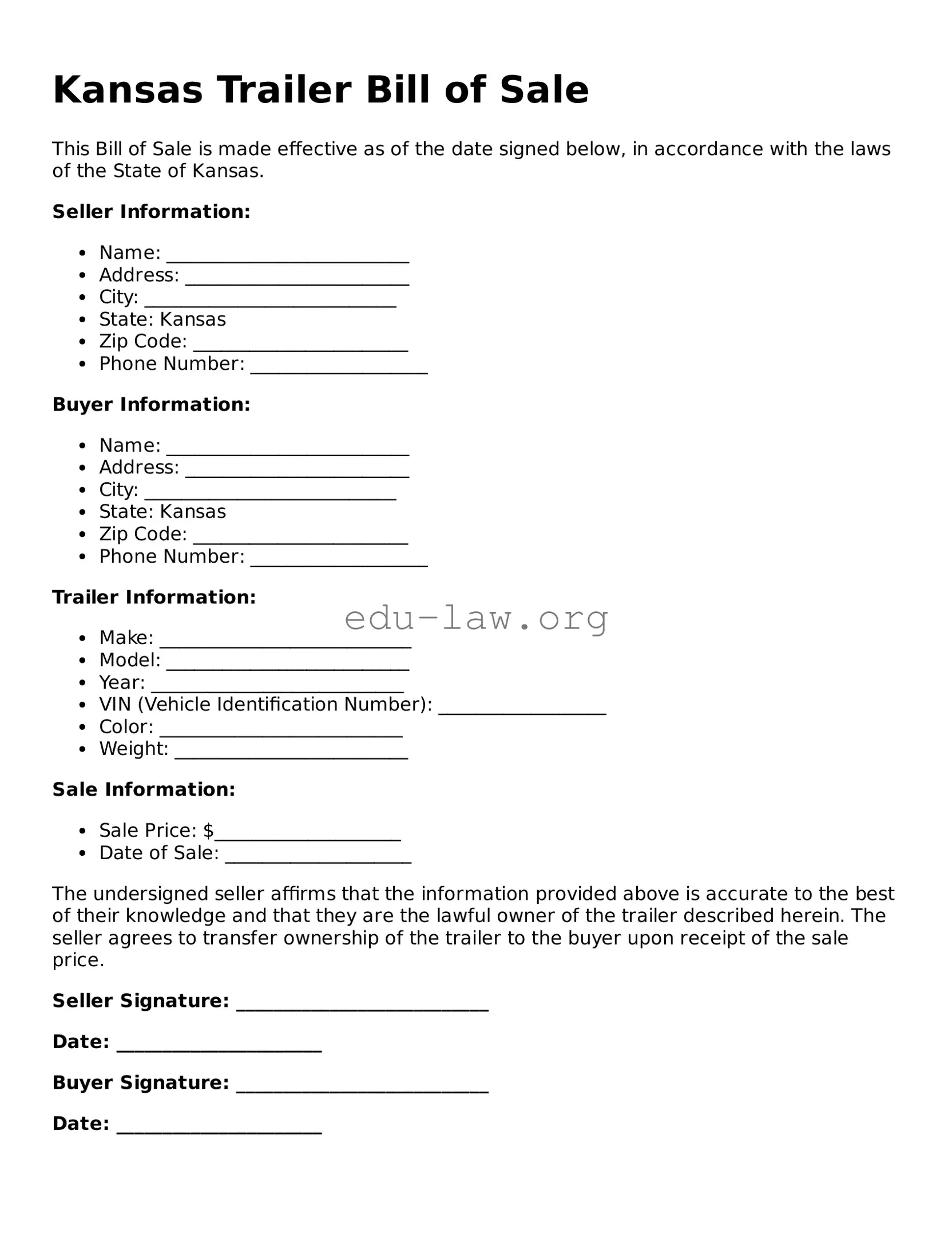 Legal  Trailer Bill of Sale Template for Kansas
