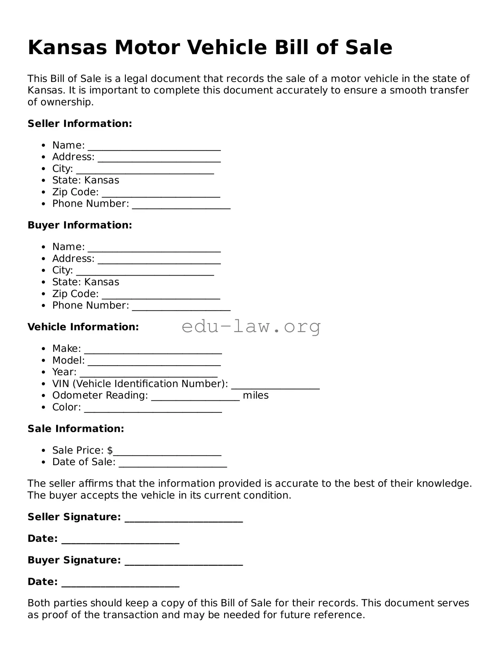 Legal  Motor Vehicle Bill of Sale Template for Kansas