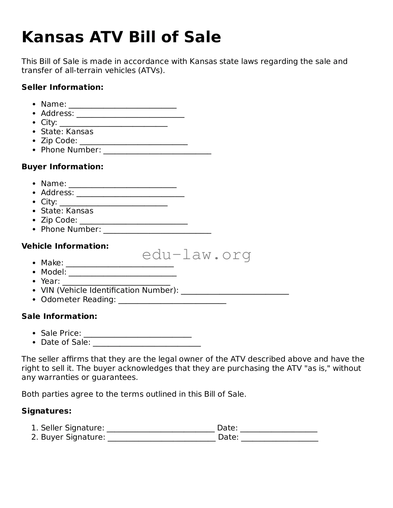 Legal  ATV Bill of Sale Template for Kansas