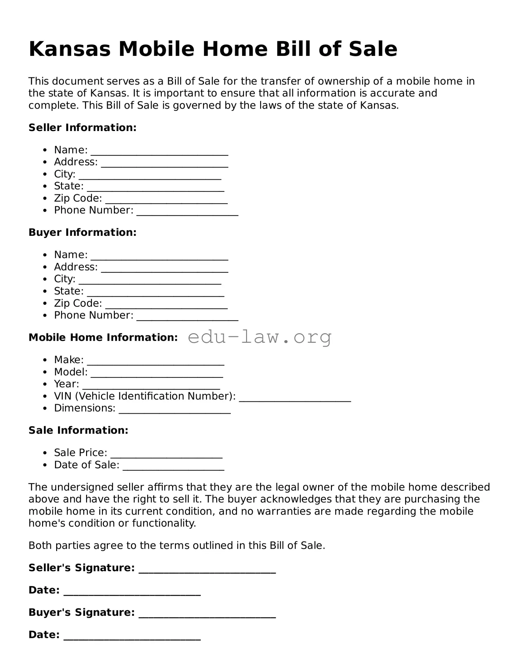 Legal  Mobile Home Bill of Sale Template for Kansas