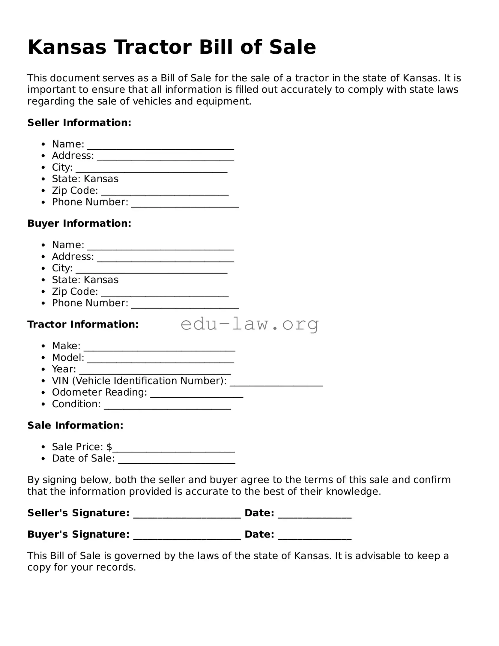 Legal  Tractor Bill of Sale Template for Kansas
