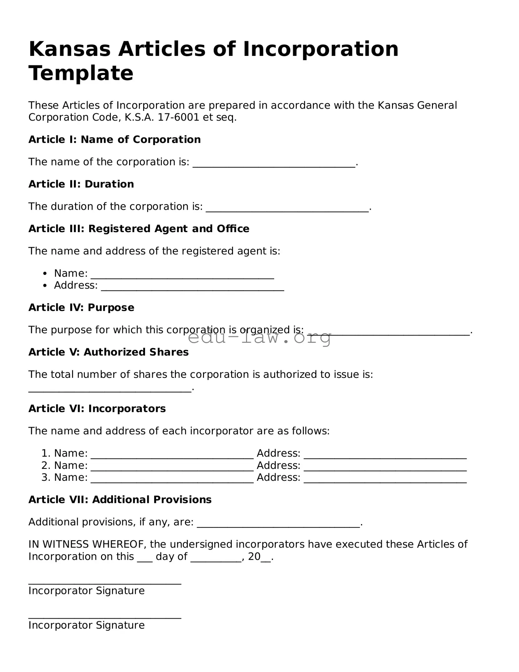 Legal  Articles of Incorporation Template for Kansas