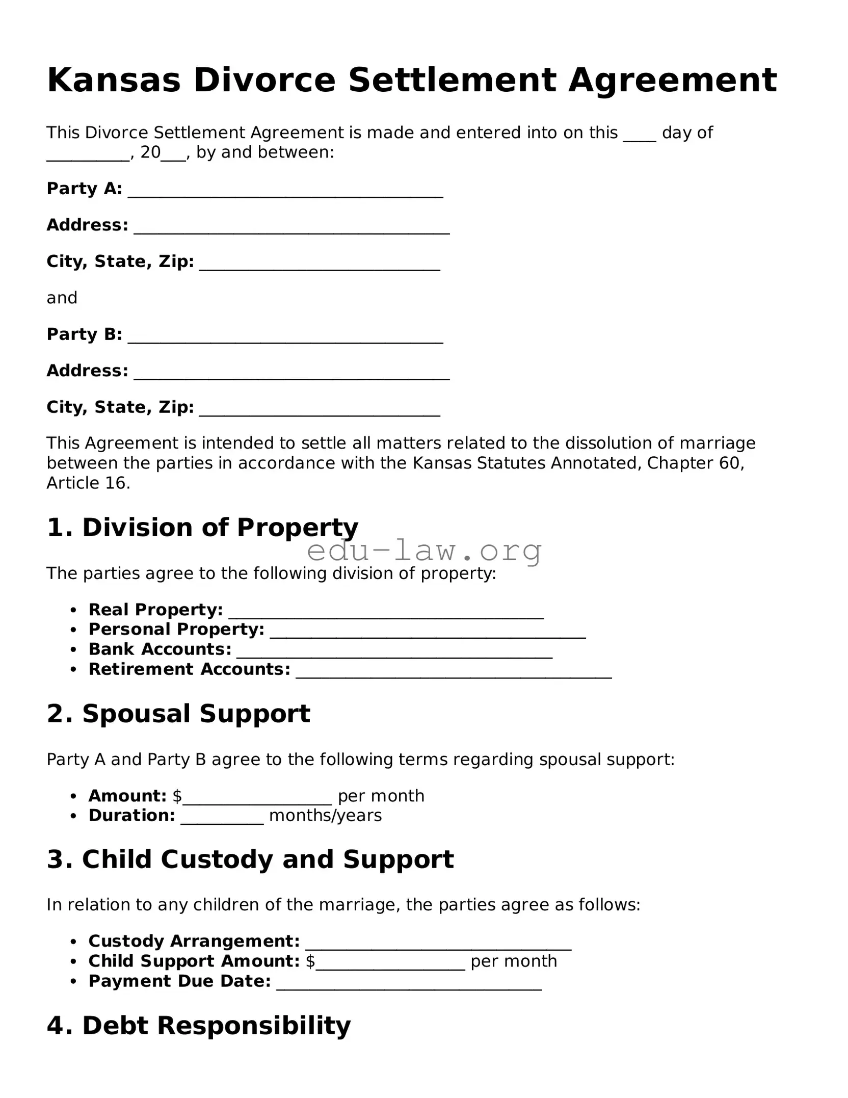 Legal  Divorce Settlement Agreement Template for Kansas
