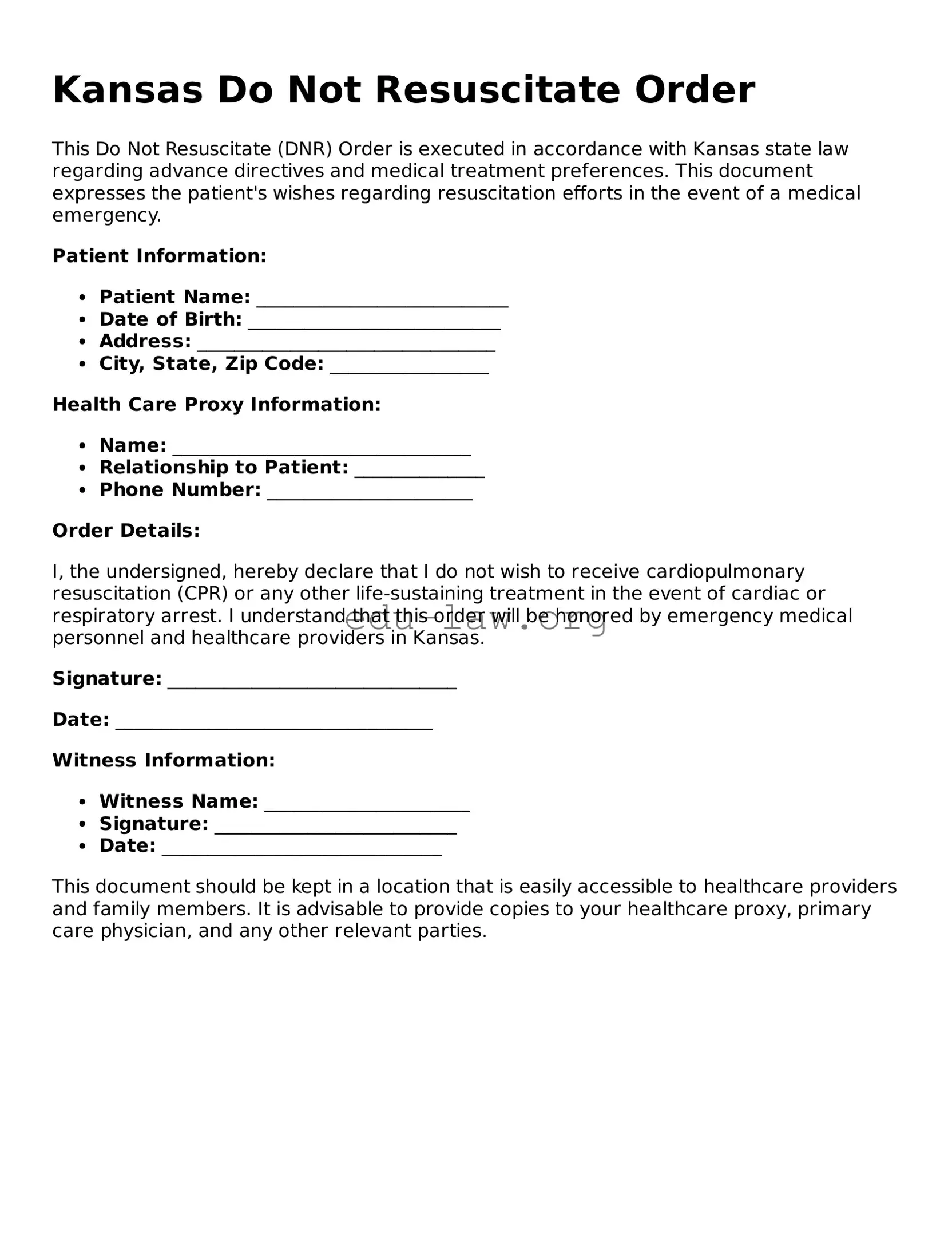 Legal  Do Not Resuscitate Order Template for Kansas