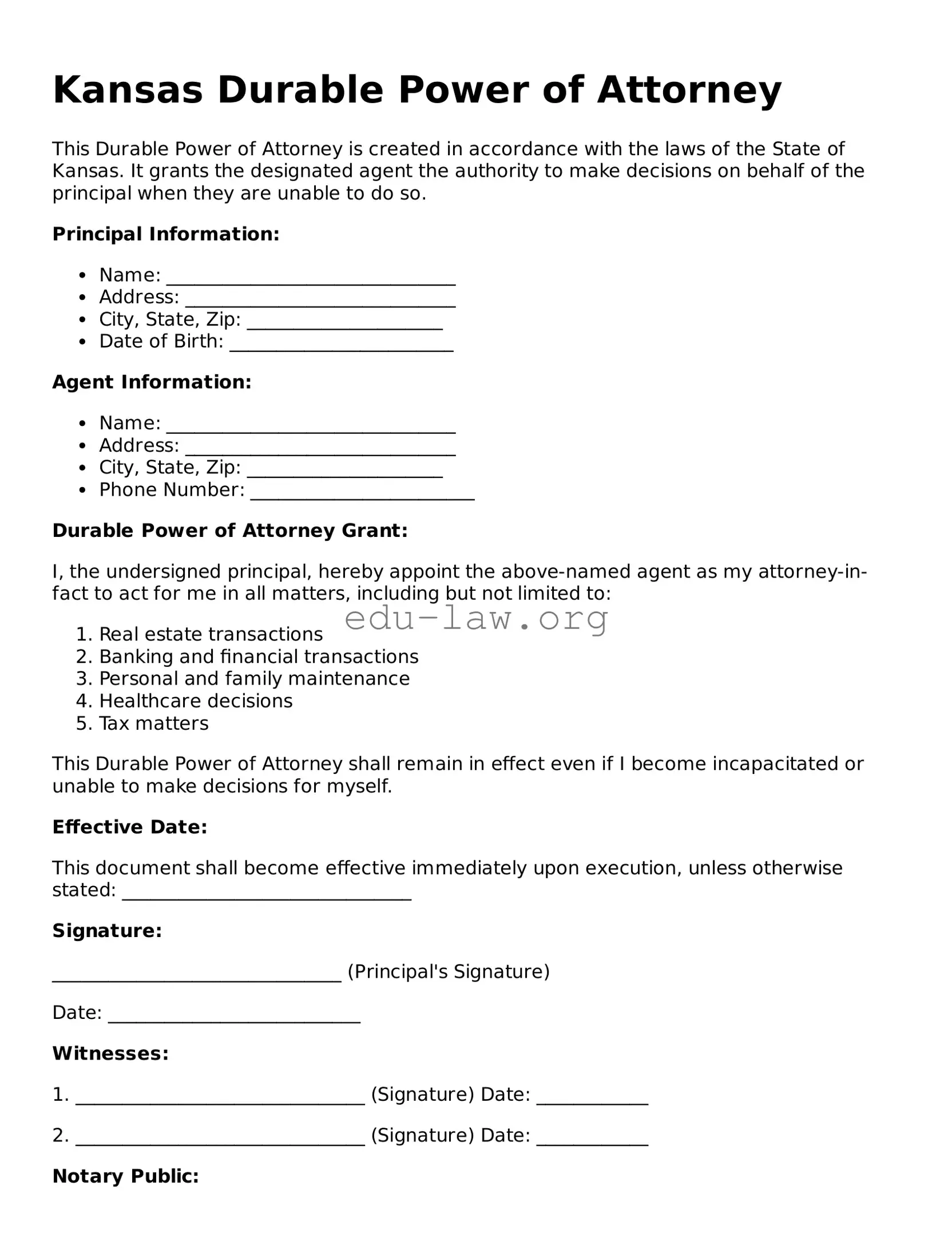 Legal  Durable Power of Attorney Template for Kansas