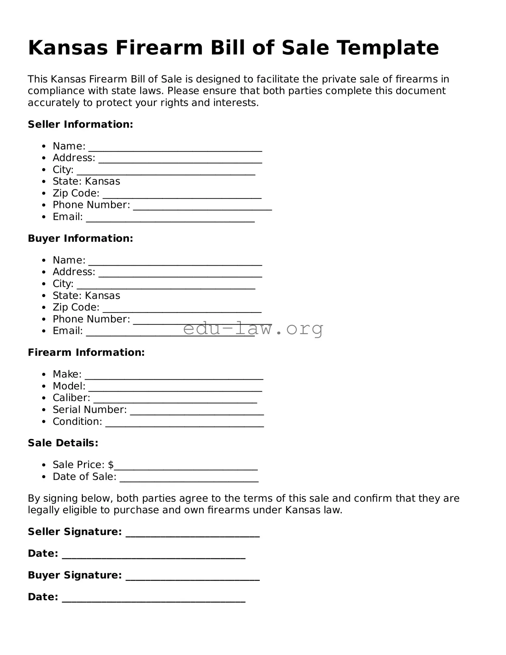 Legal  Firearm Bill of Sale Template for Kansas