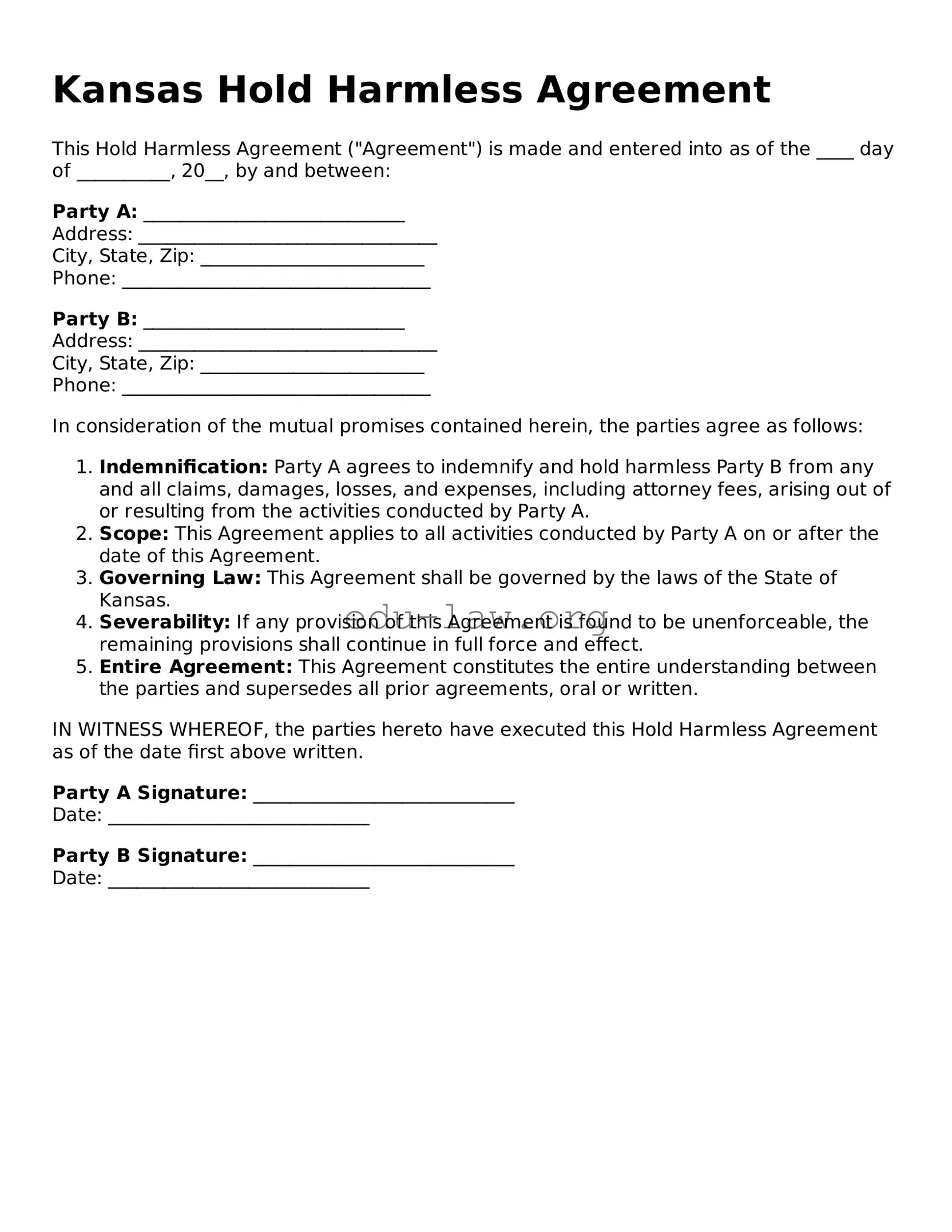 Legal  Hold Harmless Agreement Template for Kansas