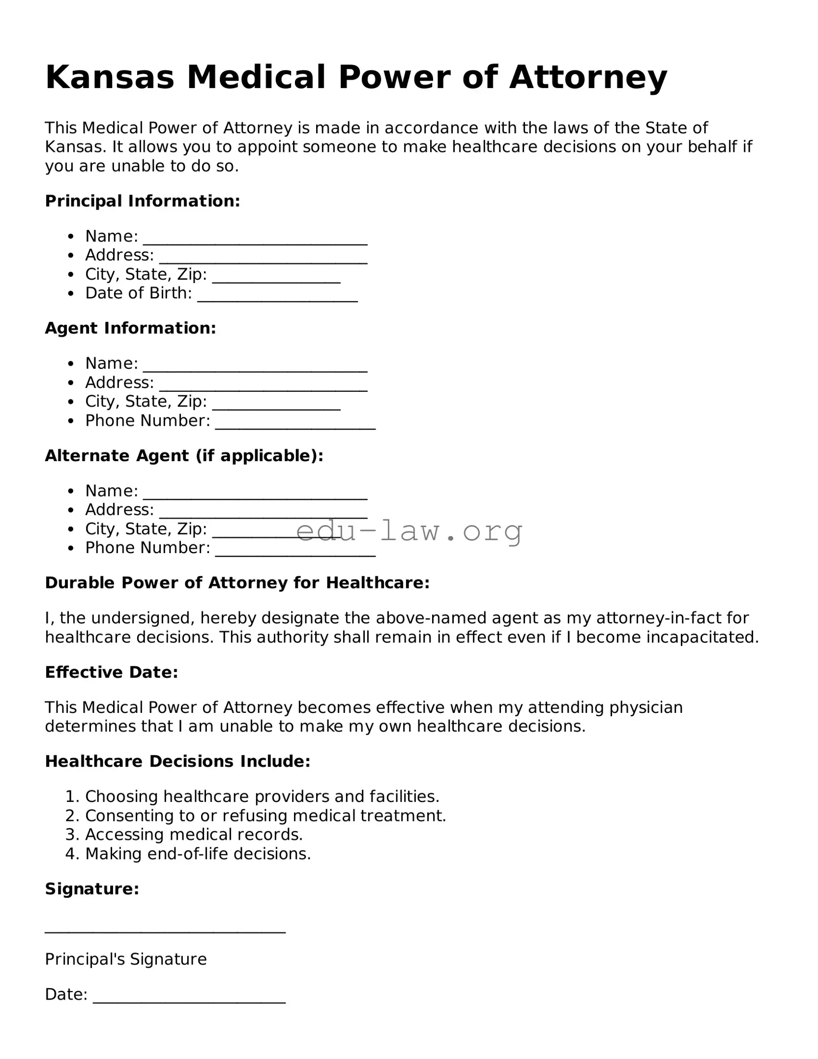 Legal  Medical Power of Attorney Template for Kansas