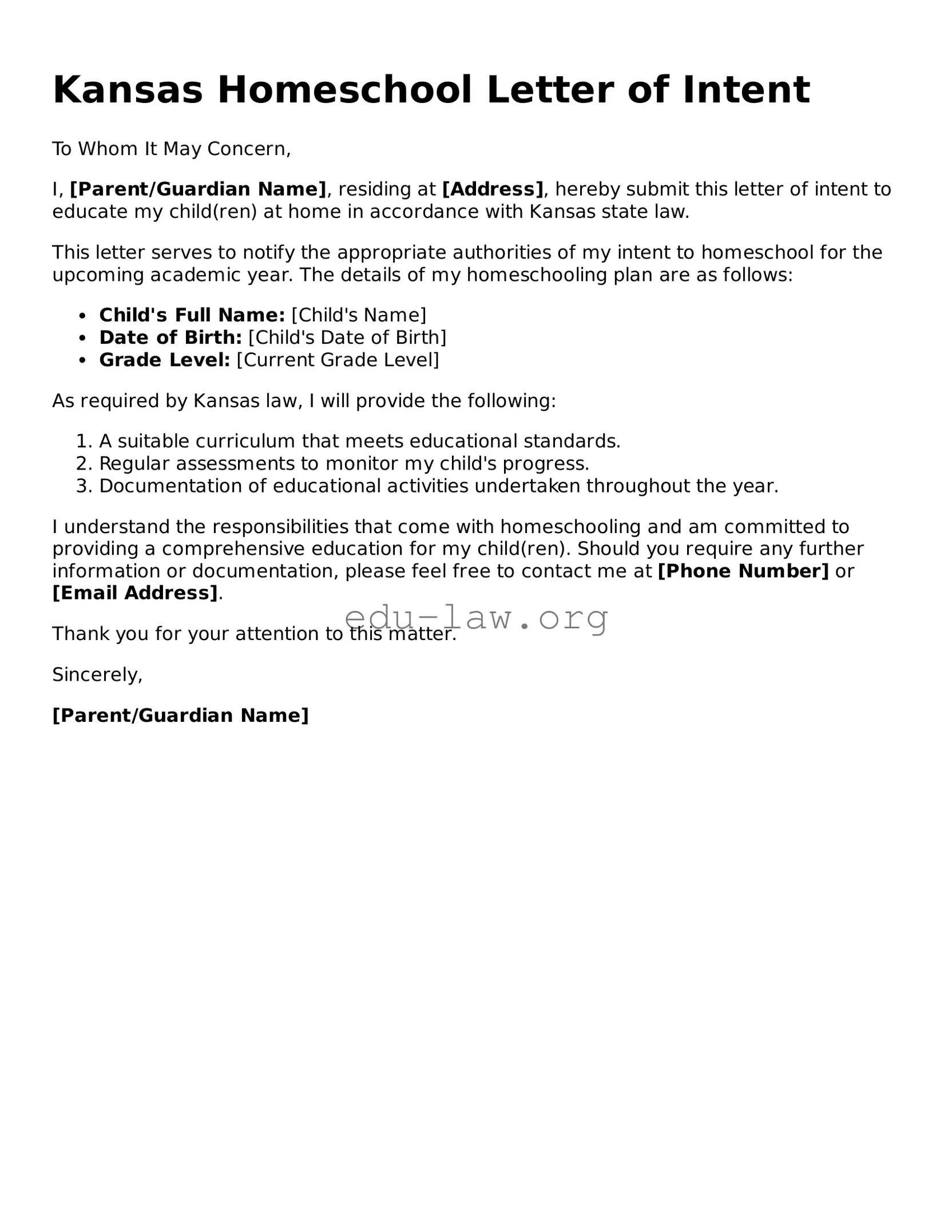 Legal  Homeschool Letter of Intent Template for Kansas