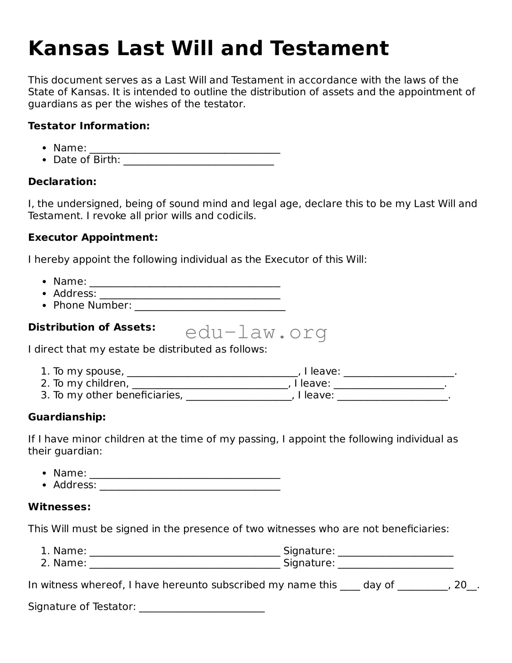 Legal  Last Will and Testament Template for Kansas