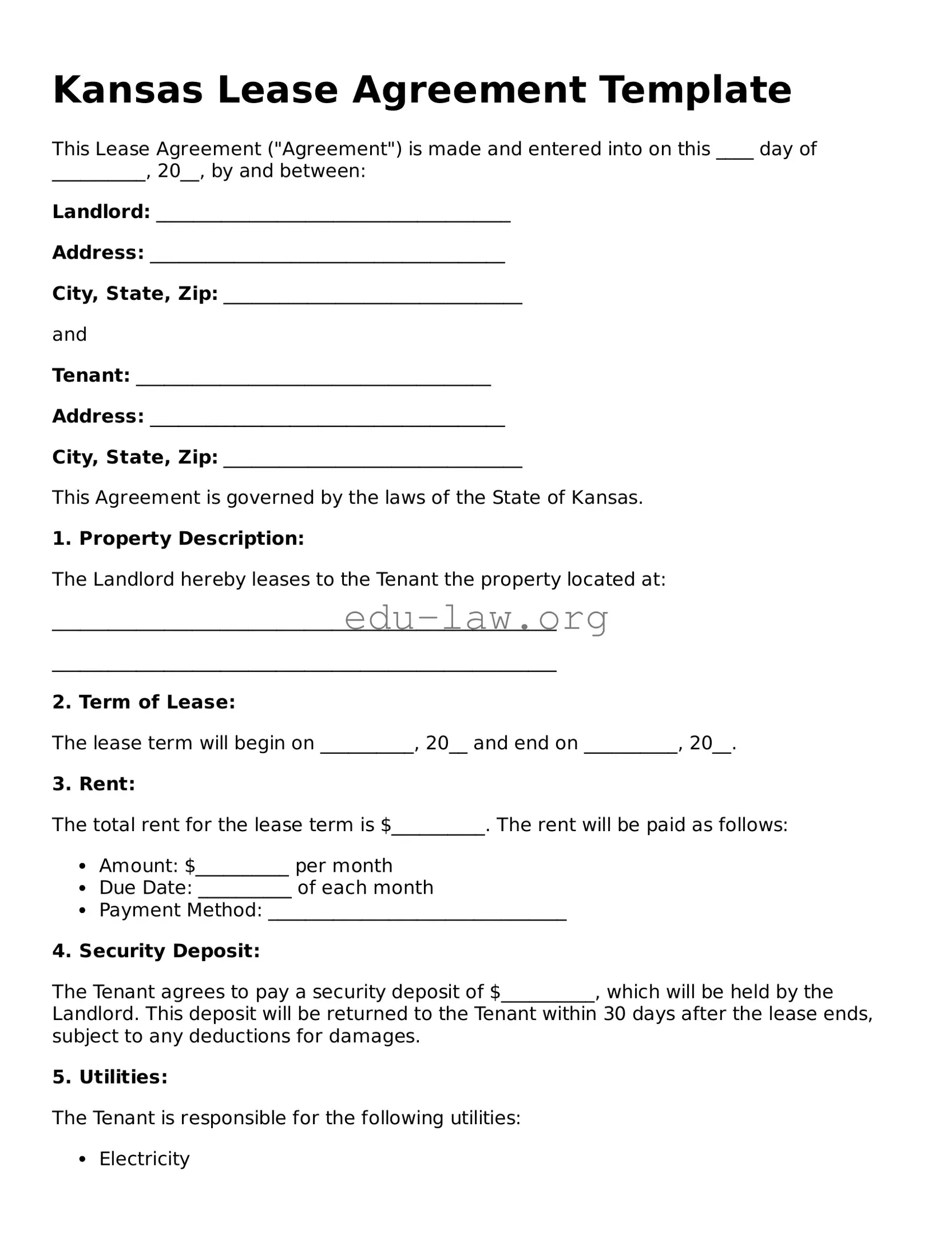 Legal  Lease Agreement Template for Kansas