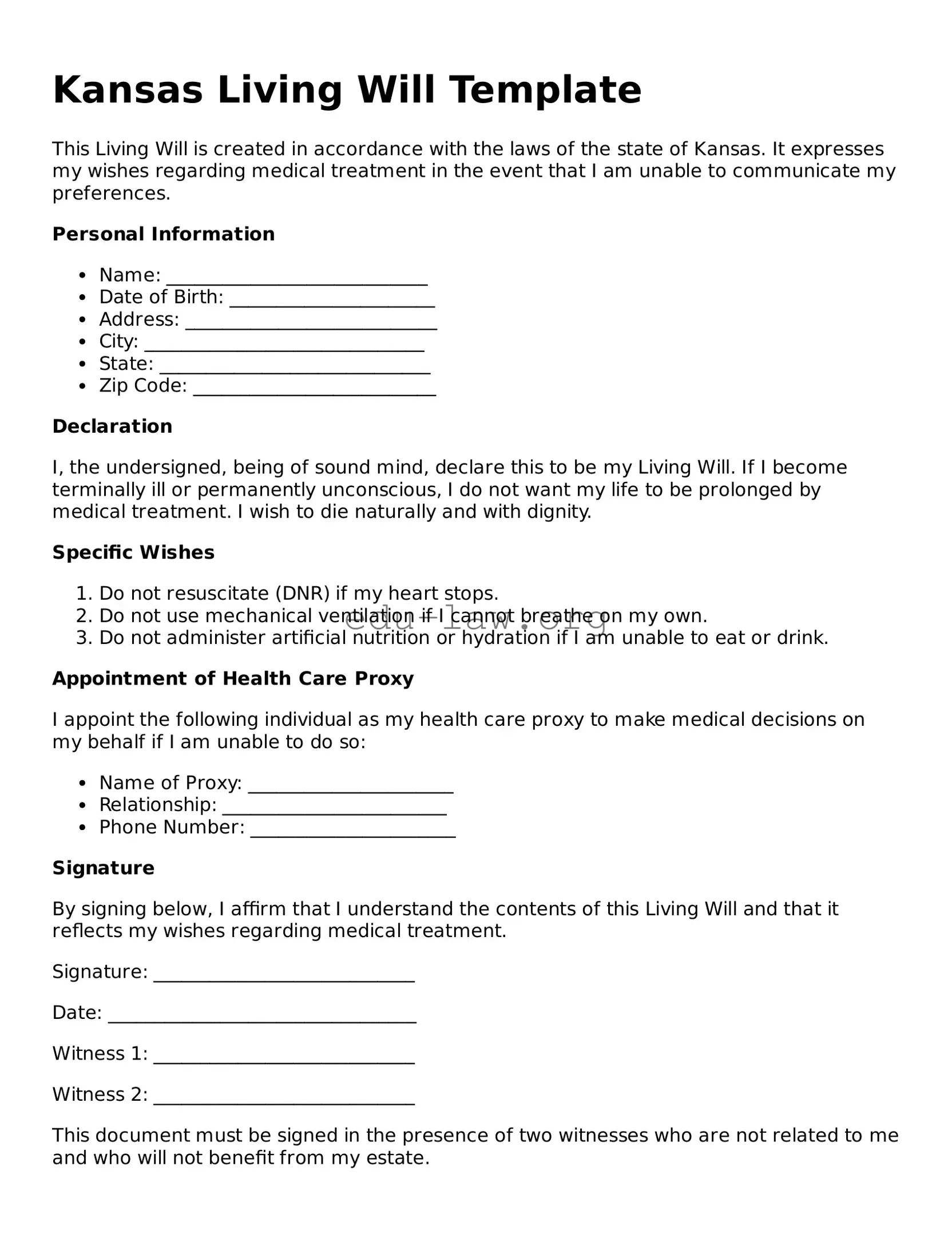 Legal  Living Will Template for Kansas