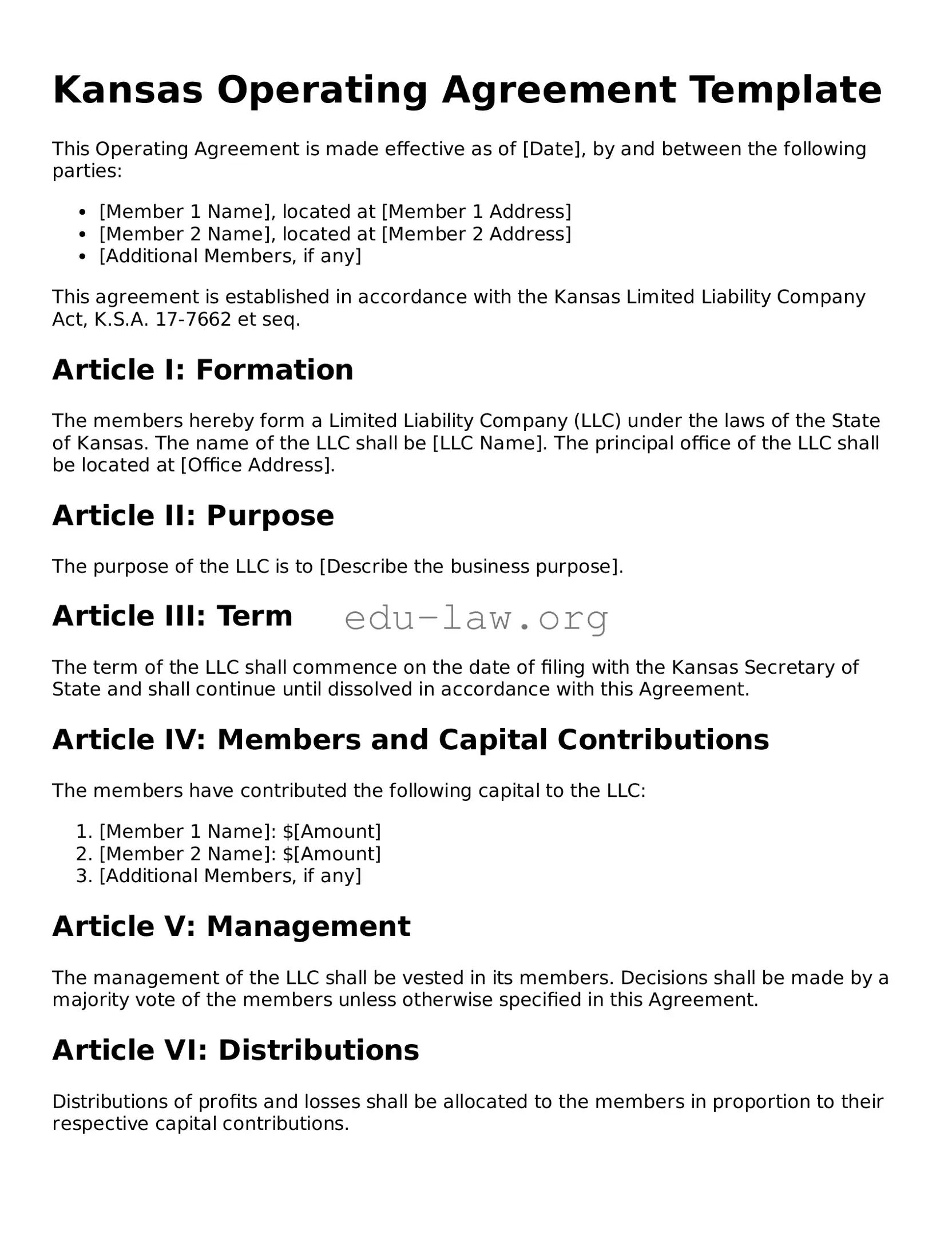 Legal  Operating Agreement Template for Kansas