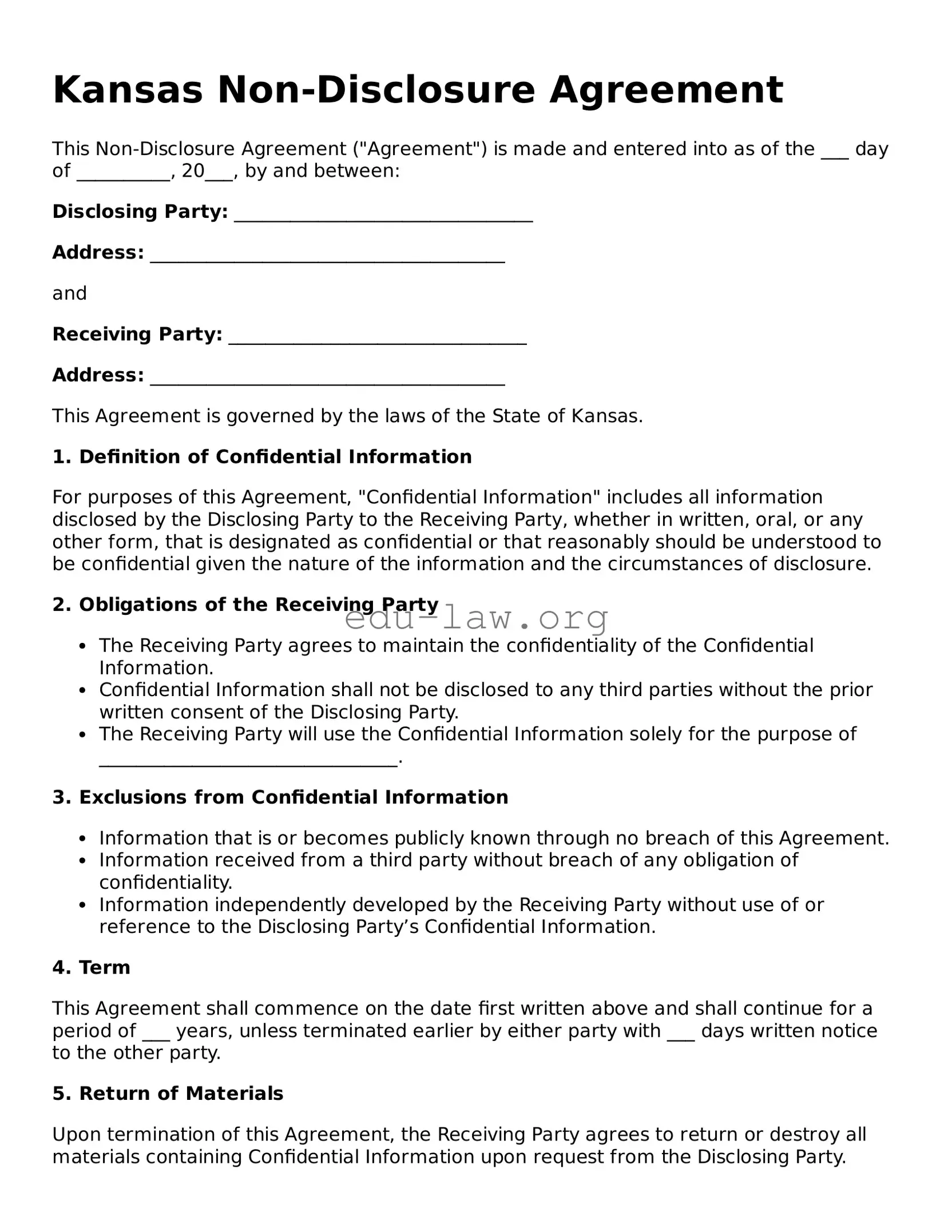 Legal  Non-disclosure Agreement Template for Kansas