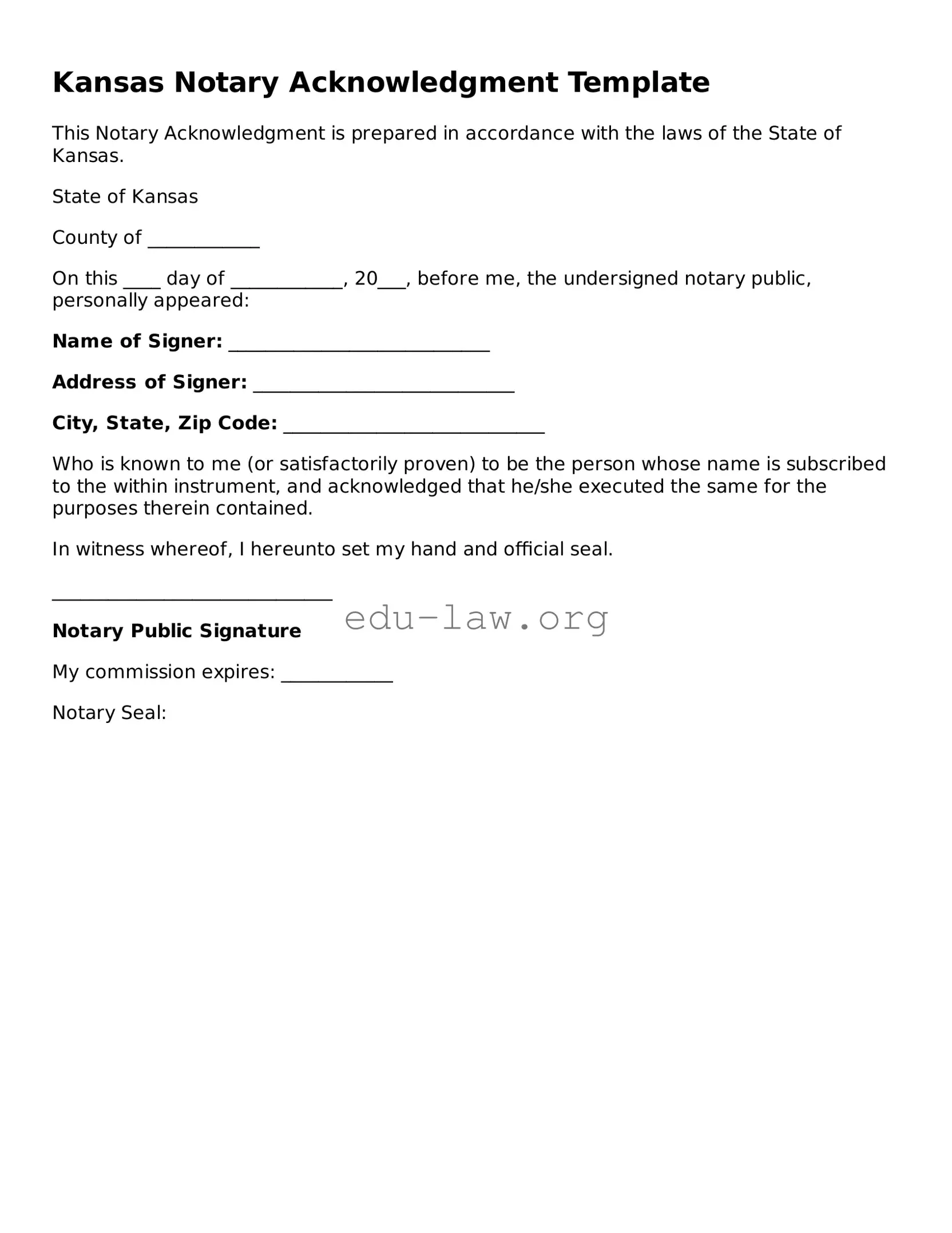 Legal  Notary Acknowledgement Template for Kansas