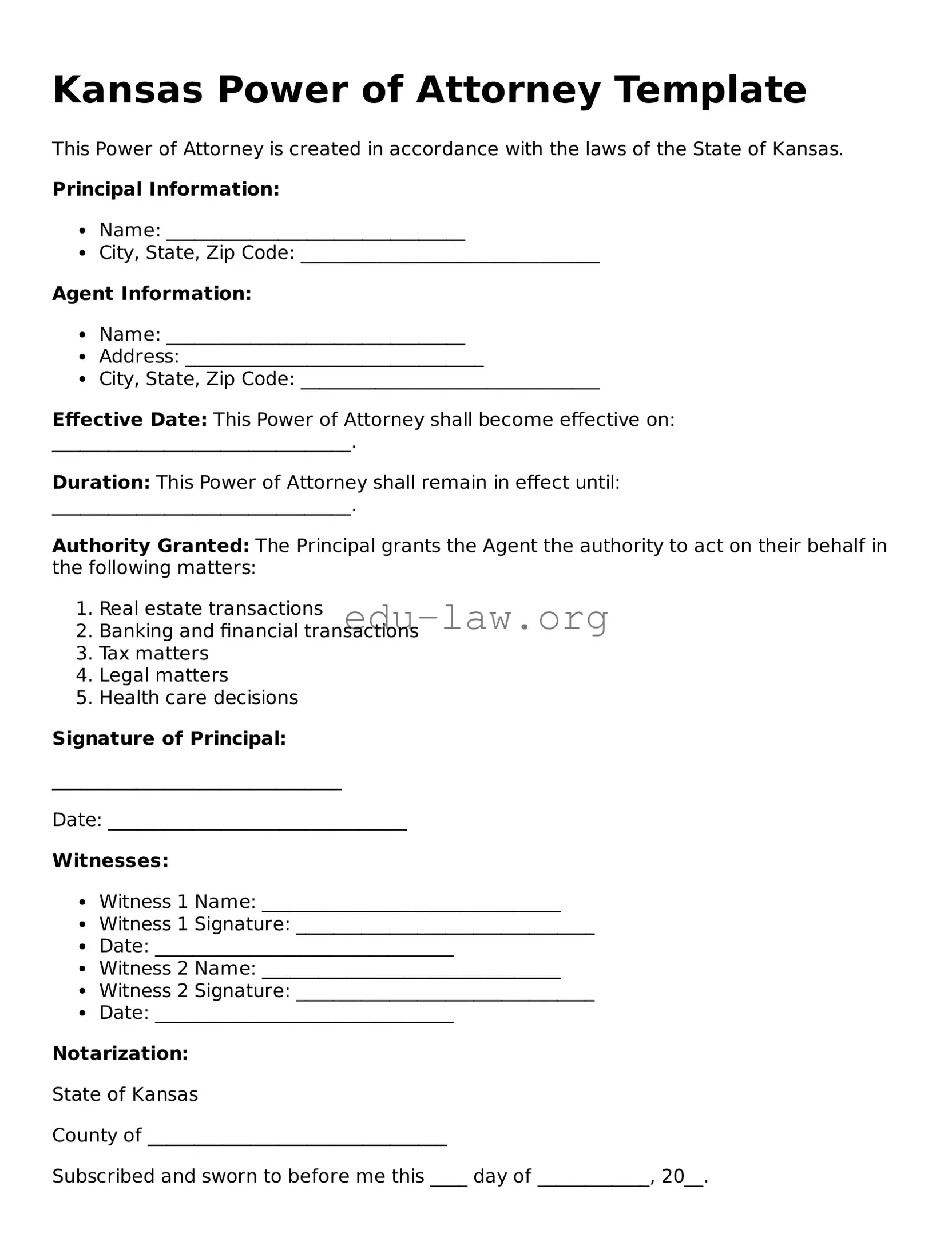 Legal  Power of Attorney Template for Kansas