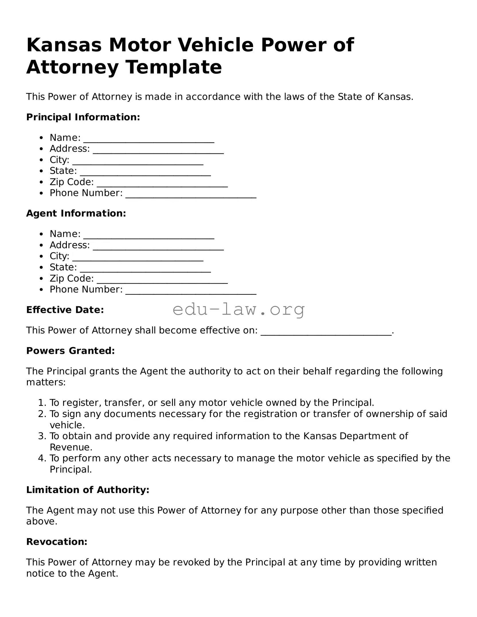 Legal  Motor Vehicle Power of Attorney Template for Kansas