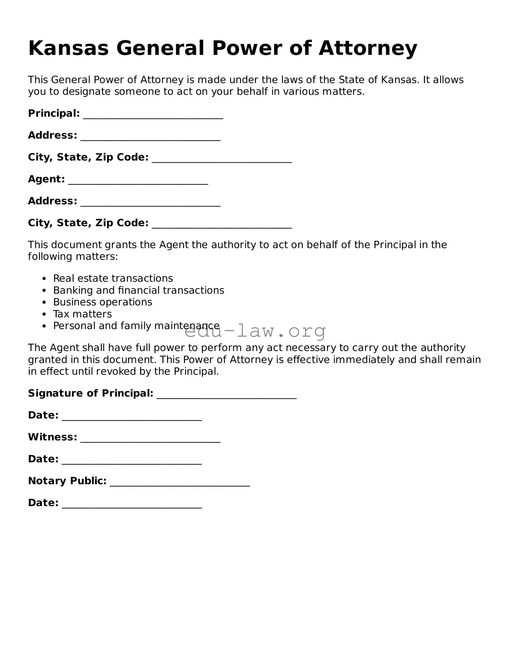 Legal  General Power of Attorney Template for Kansas