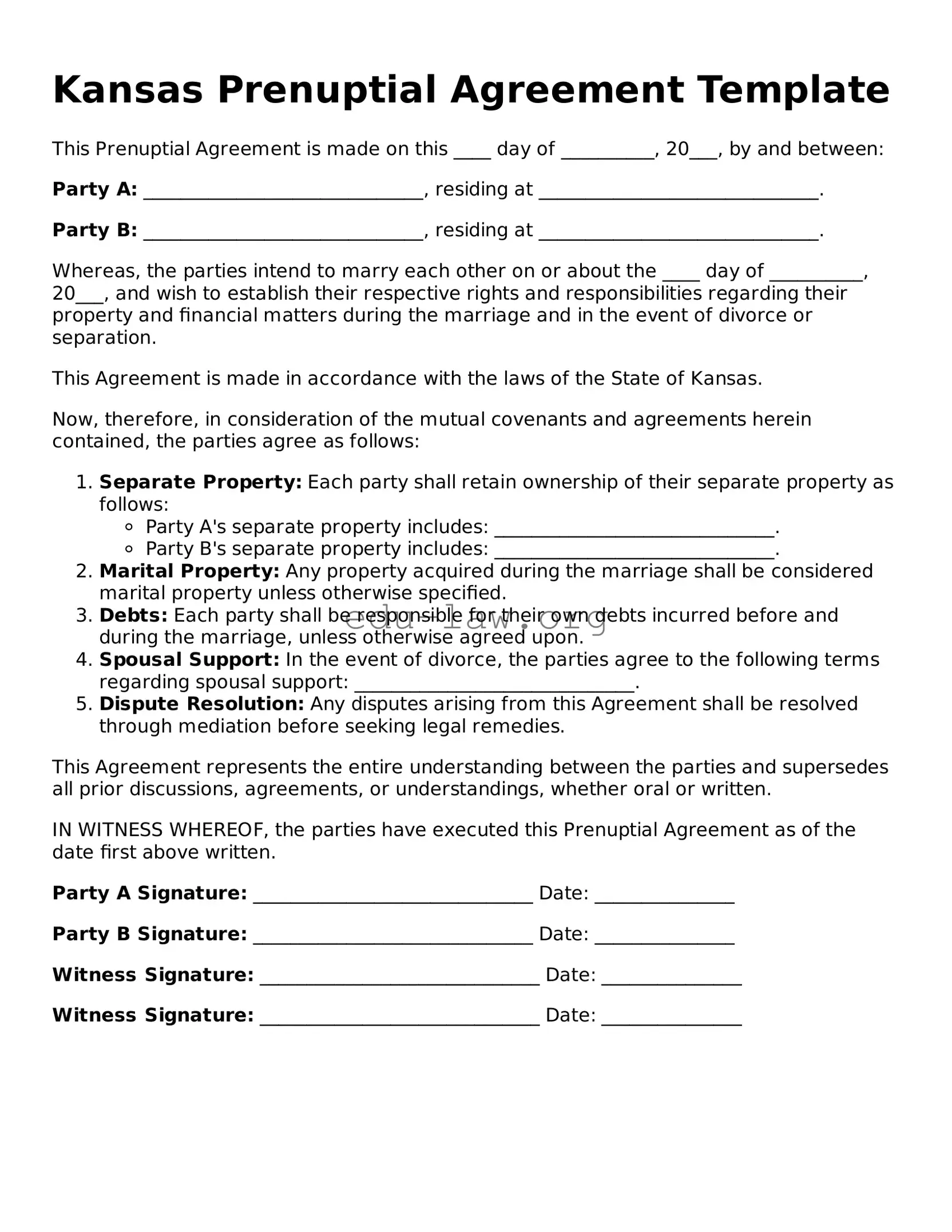 Legal  Prenuptial Agreement Template for Kansas