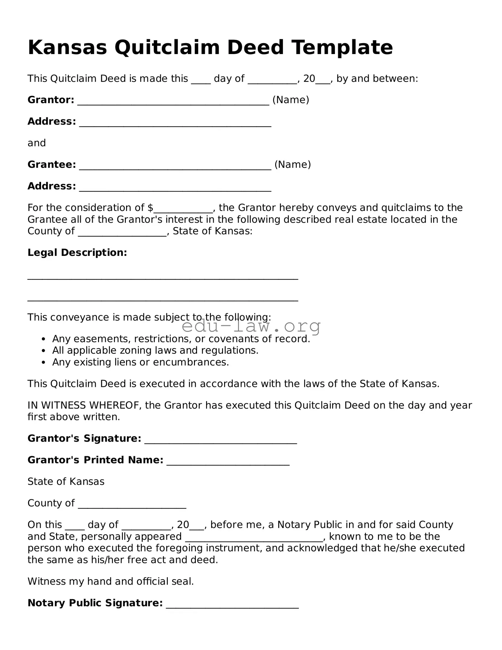 Legal  Quitclaim Deed Template for Kansas