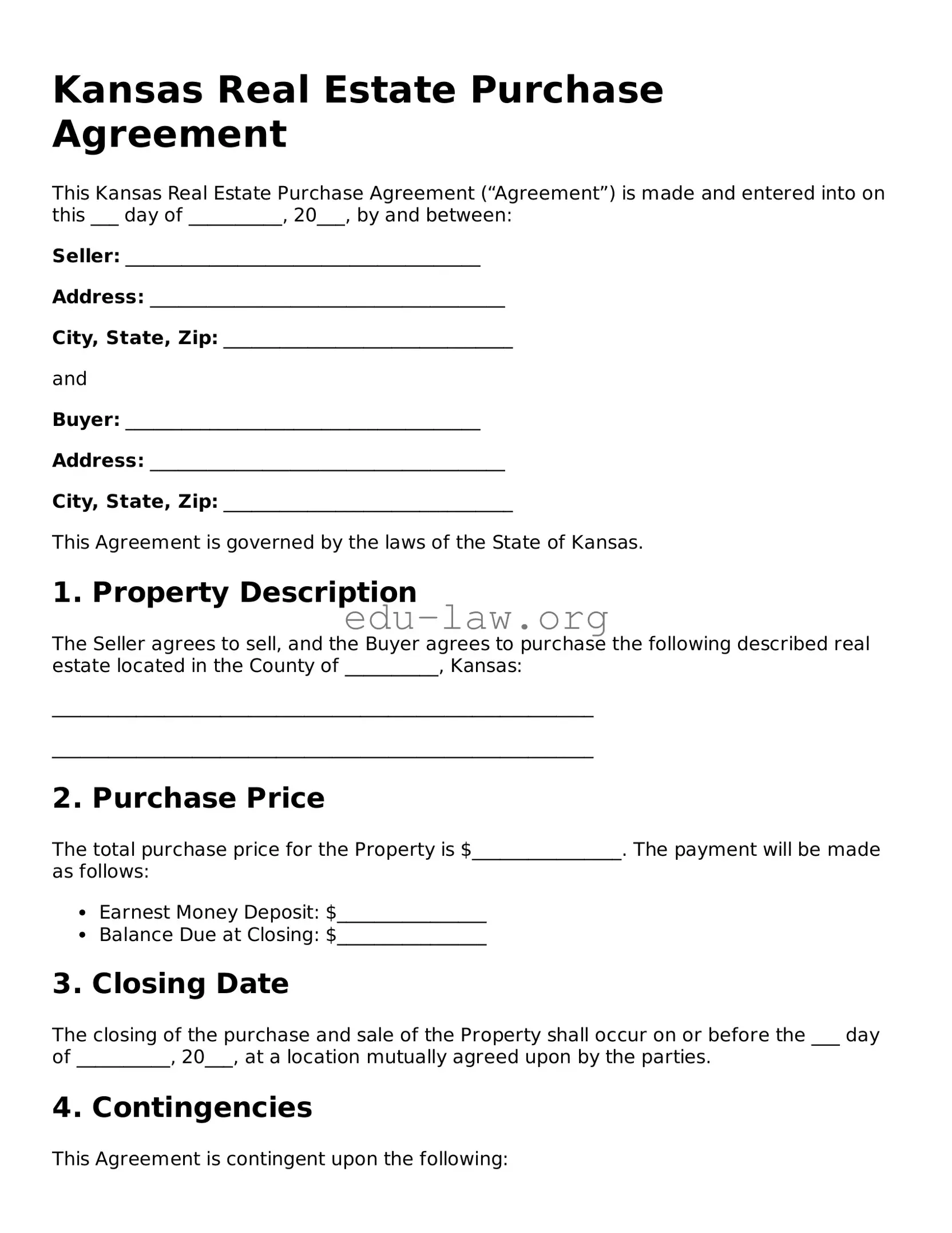 Legal  Real Estate Purchase Agreement Template for Kansas