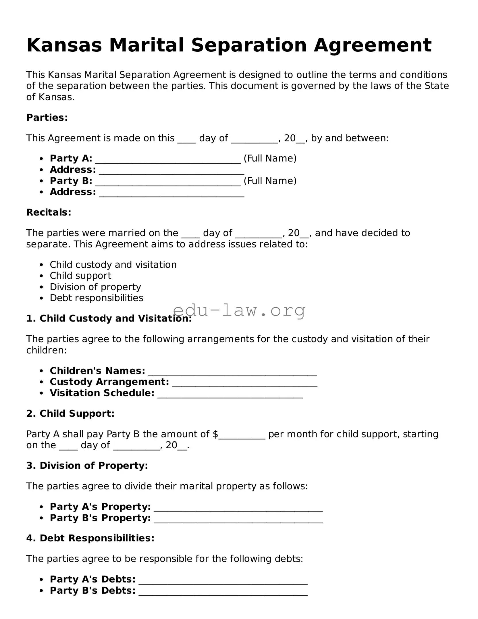 Legal  Marital Separation Agreement Template for Kansas