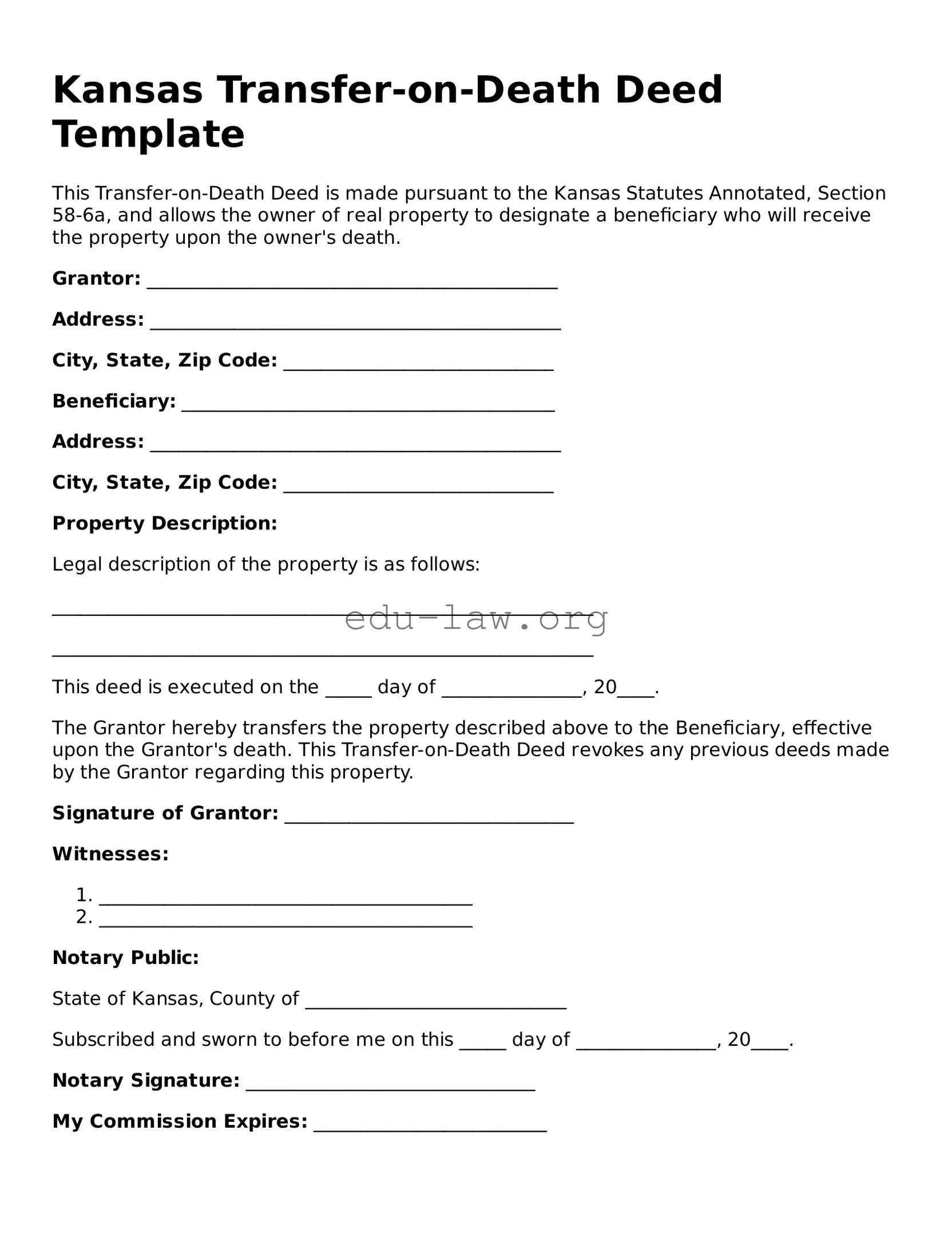 Legal  Transfer-on-Death Deed Template for Kansas