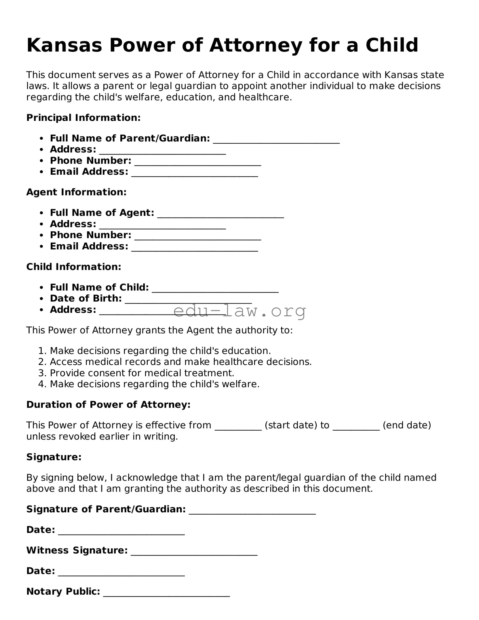 Legal  Power of Attorney for a Child Template for Kansas