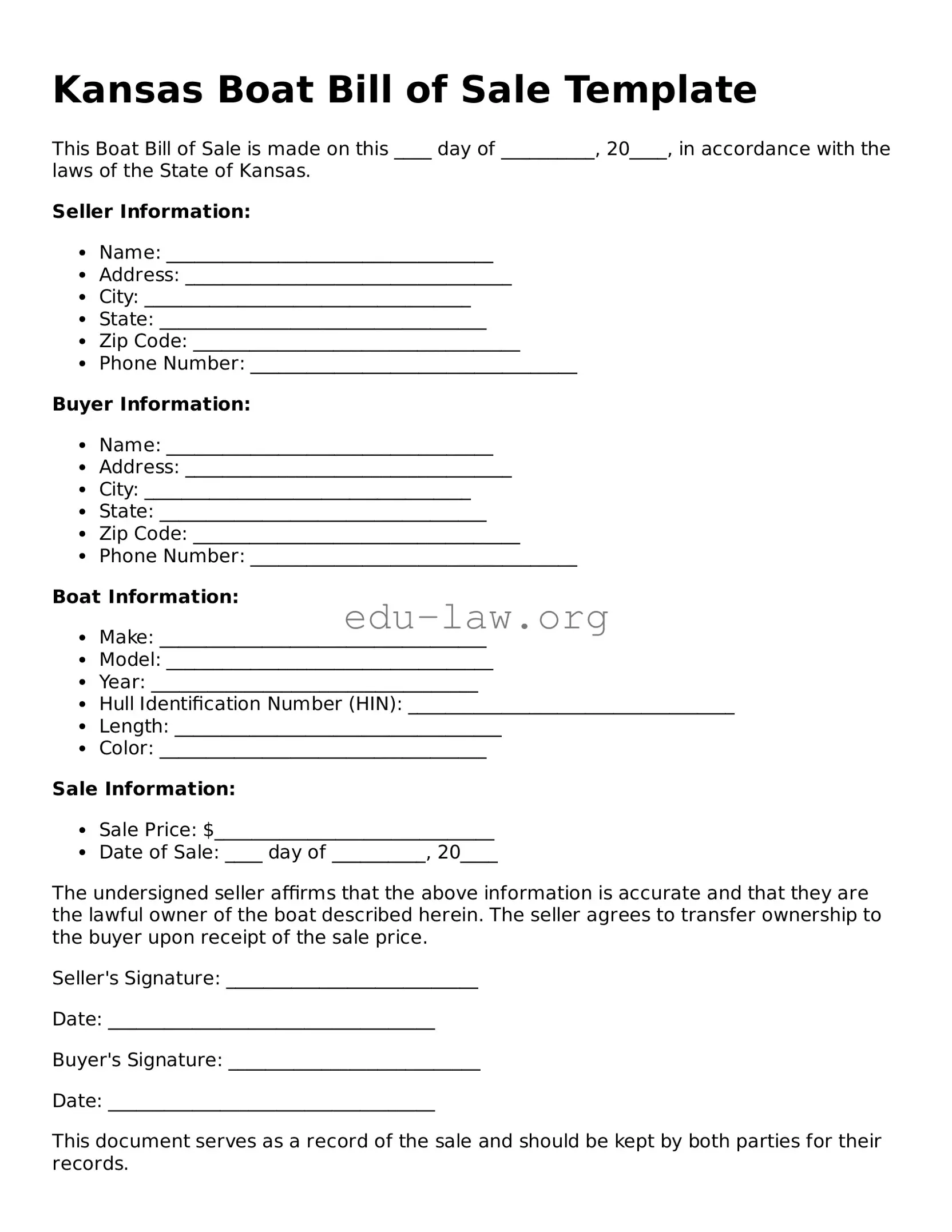 Legal  Boat Bill of Sale Template for Kansas