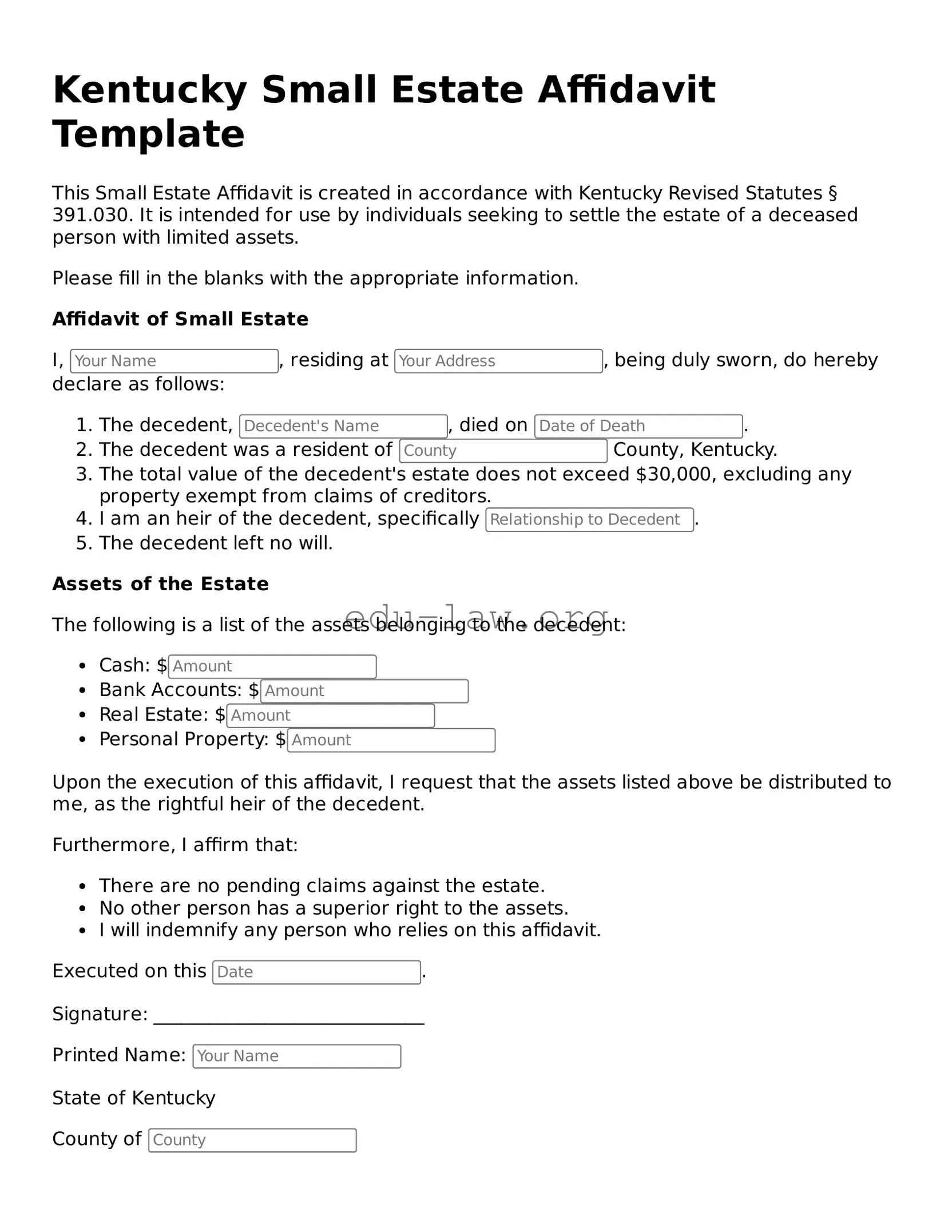 Legal  Small Estate Affidavit Template for Kentucky
