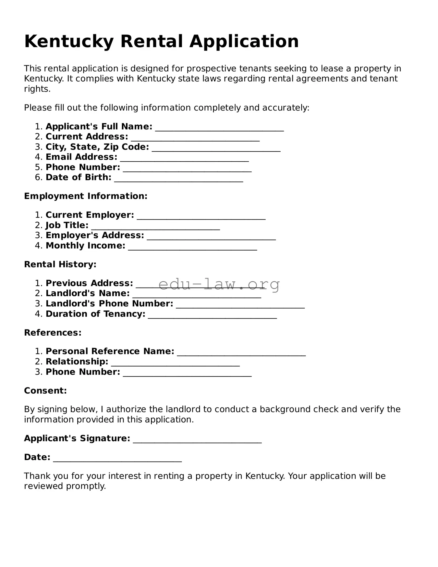 Legal  Rental Application Template for Kentucky