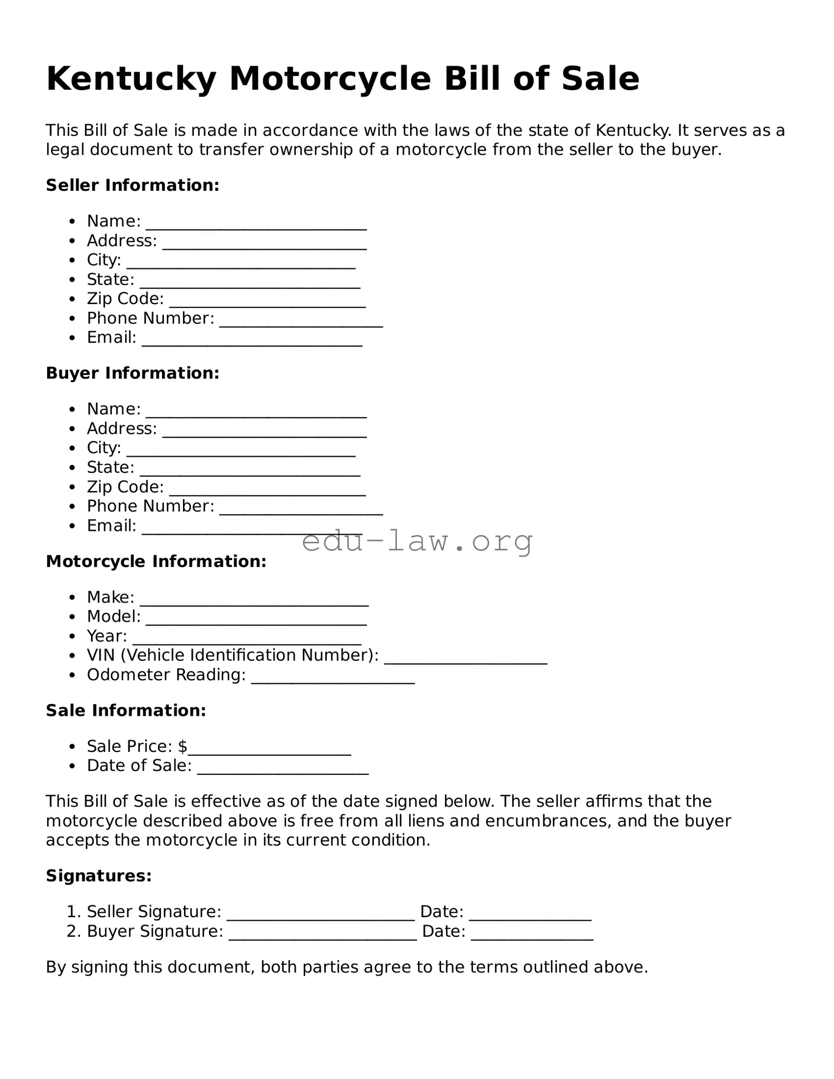 Legal  Motorcycle Bill of Sale Template for Kentucky