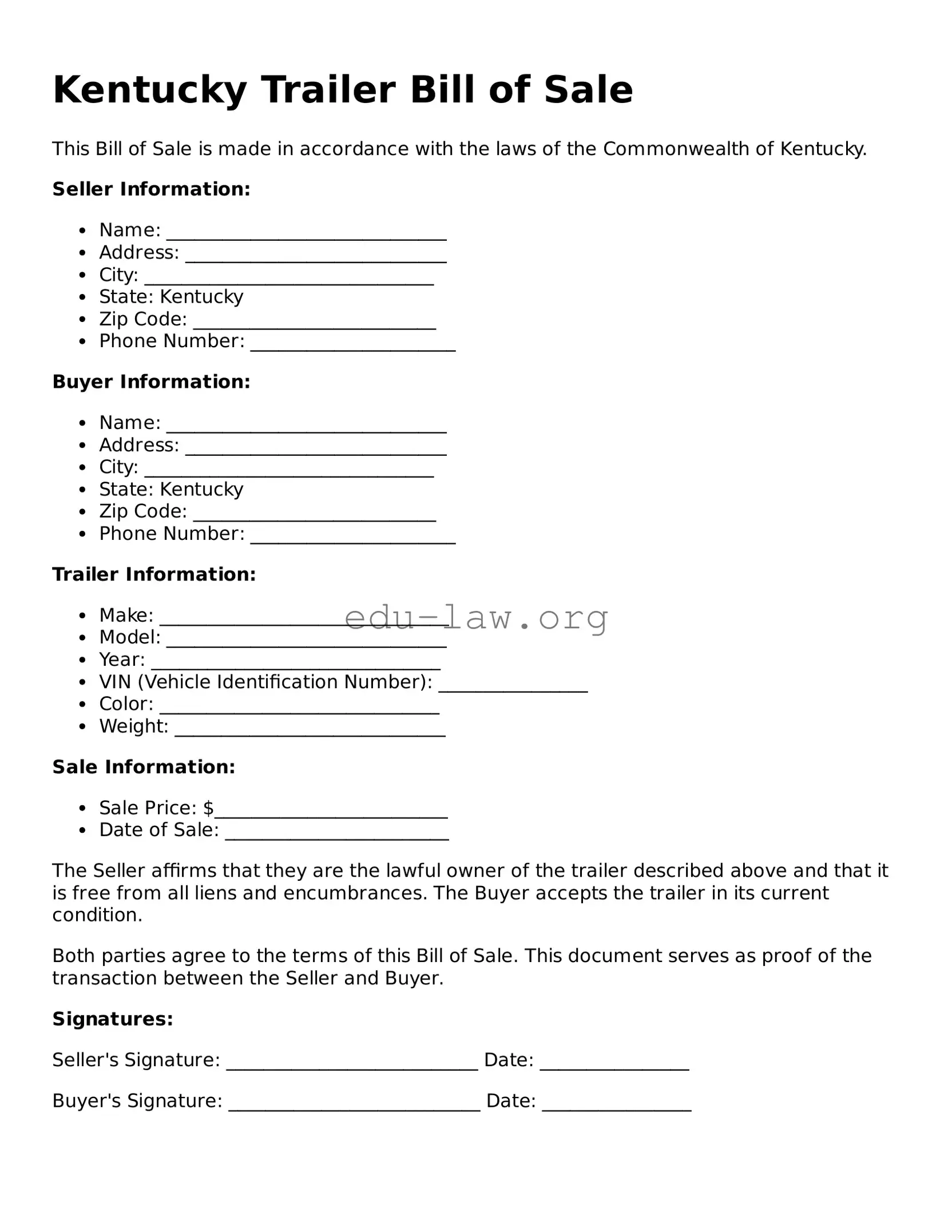Legal  Trailer Bill of Sale Template for Kentucky