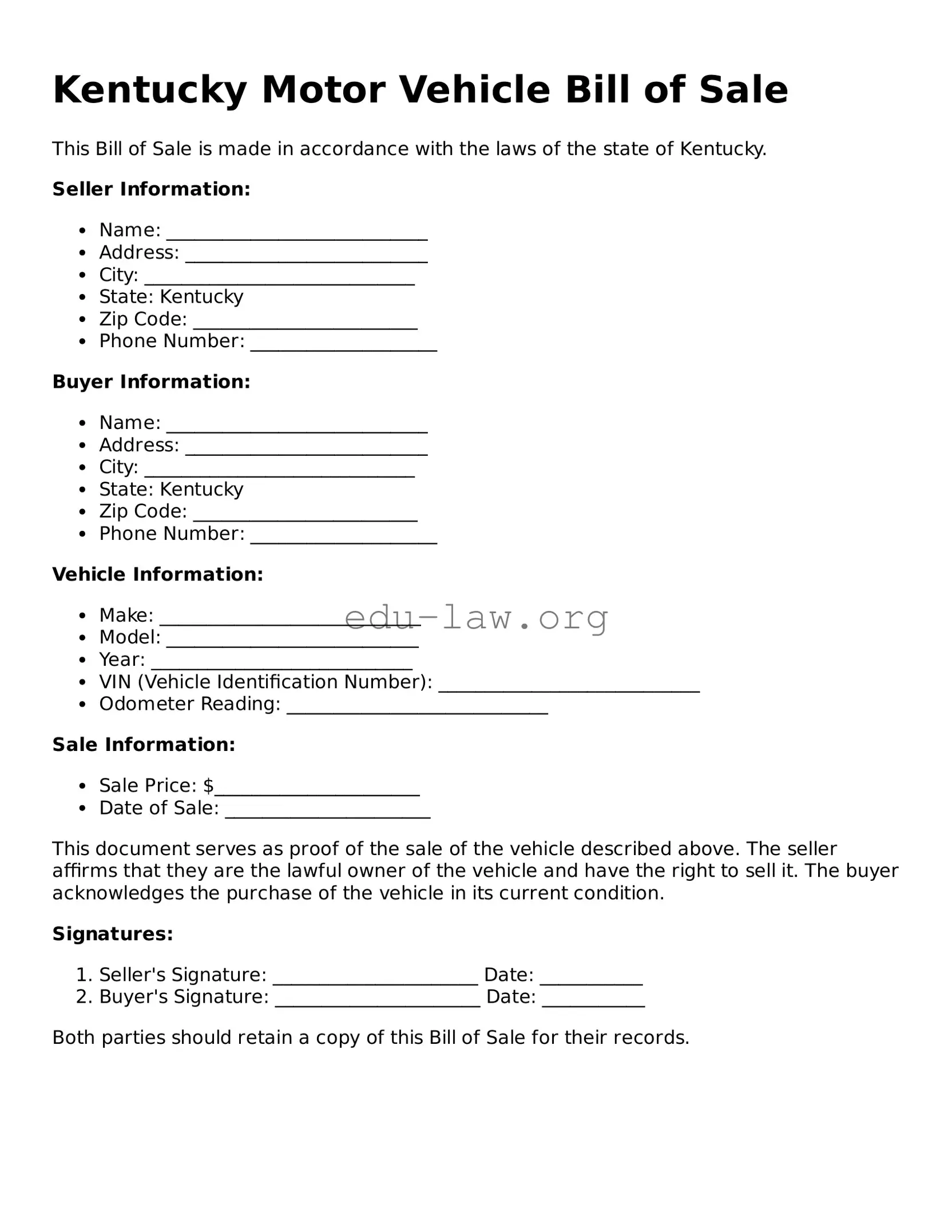 Legal  Motor Vehicle Bill of Sale Template for Kentucky