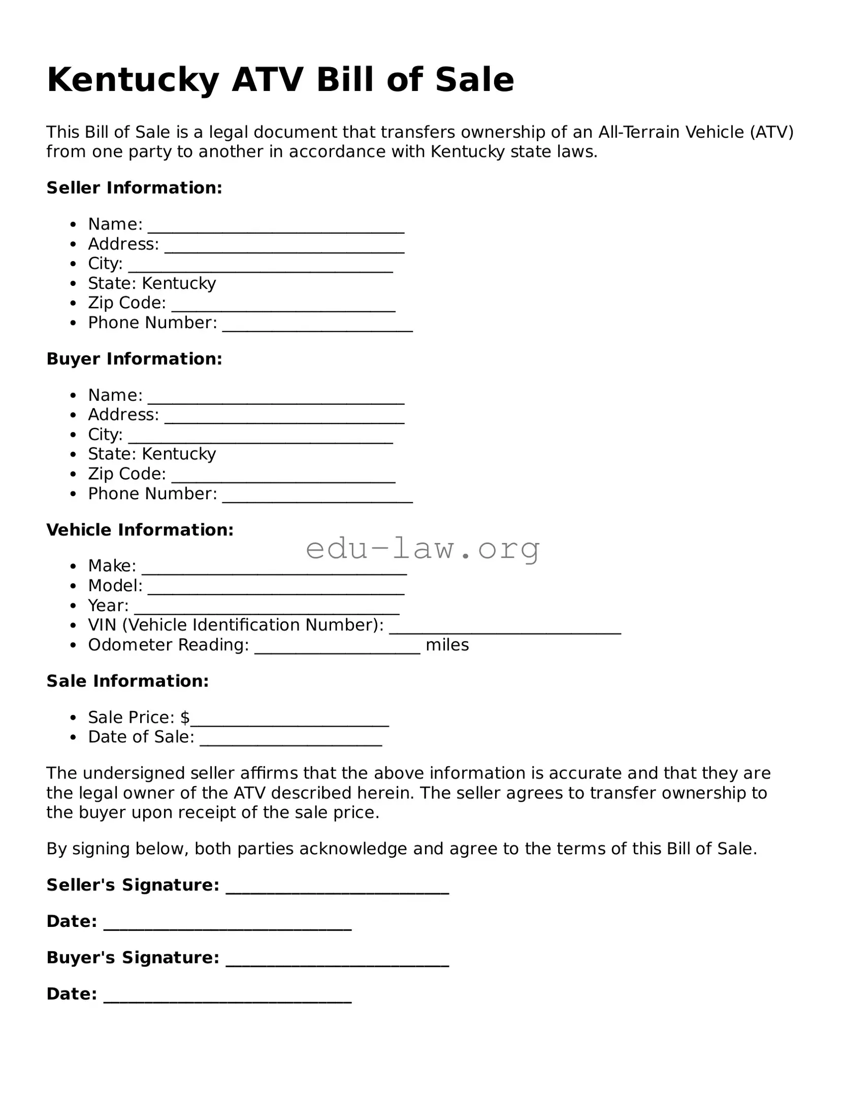 Legal  ATV Bill of Sale Template for Kentucky