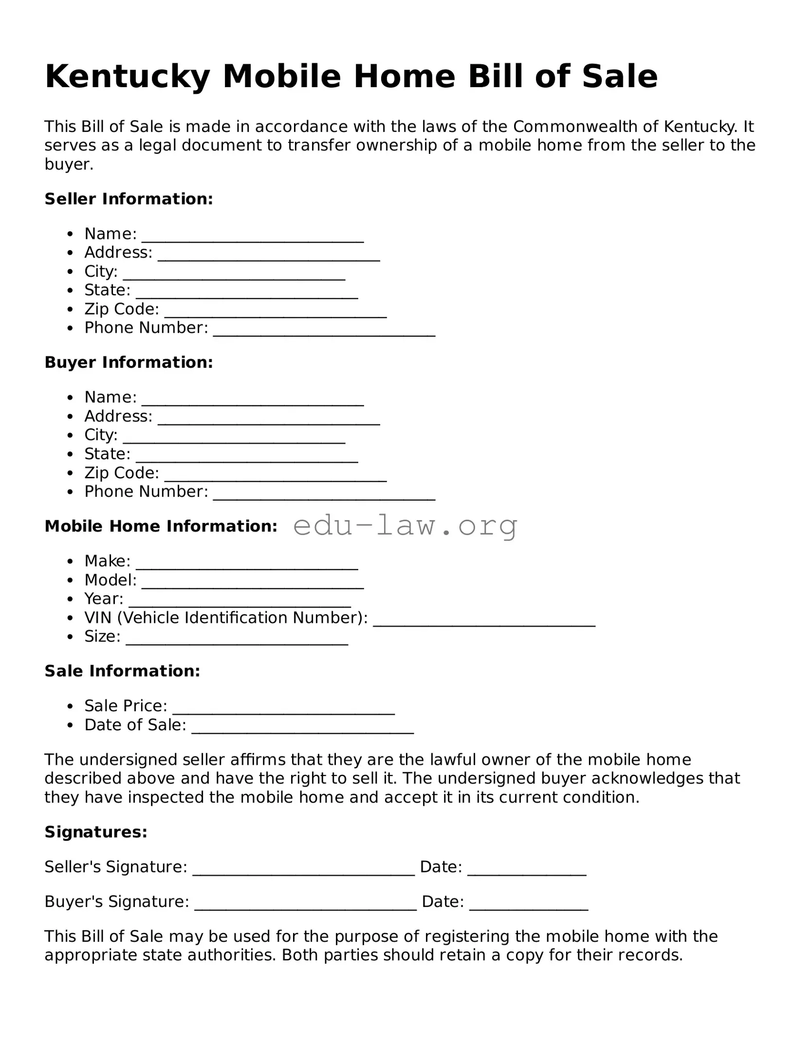 Legal  Mobile Home Bill of Sale Template for Kentucky